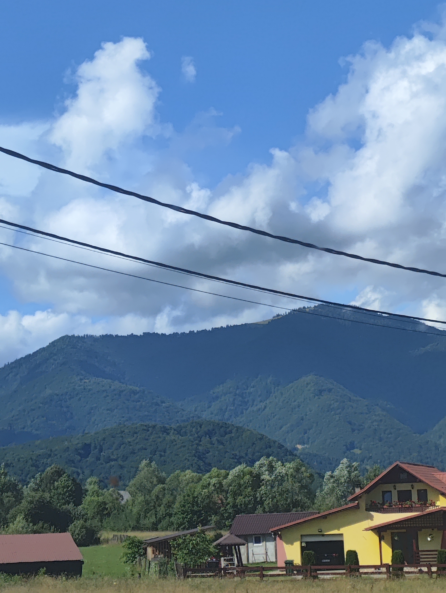The image depicts a rural landscape in Petrova, Romania, under a bright blue sky dotted with white, fluffy clouds. In the foreground, power lines are strung across the frame. Beyond the power lines, rolling, tree-covered mountains recede into the distance, their slopes layered and shadowed. In the mid-ground, a cluster of buildings, including a prominent yellow house with a red roof, a smaller building with a brown roof, and a dark shed with a reddish roof, are nestled among lush green trees. A wooden fence runs along the property line. The overall scene is peaceful and pastoral, showcasing the natural beauty of the Romanian countryside.