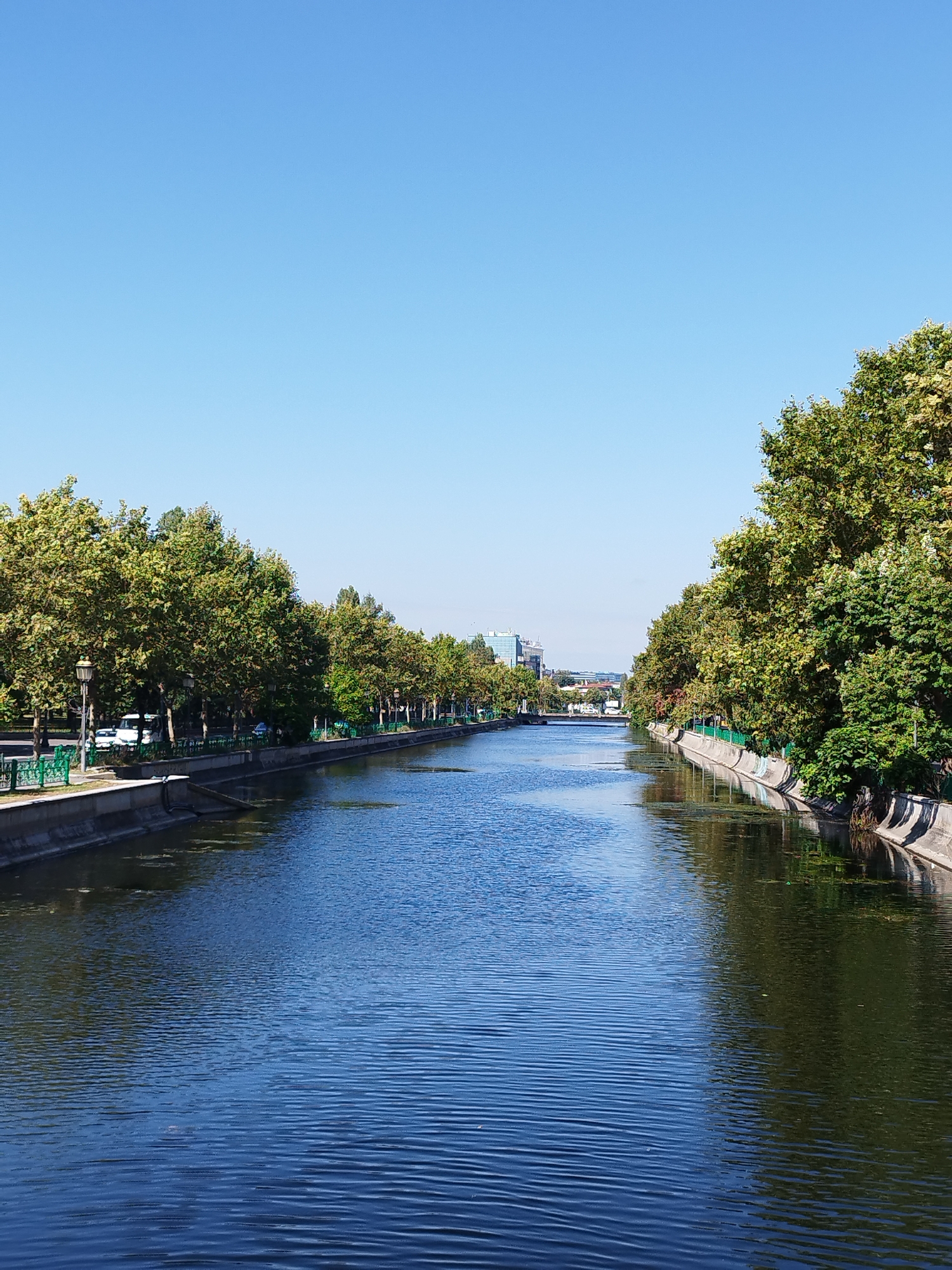 The image depicts a sunny day along a canal in Bucharest, Romania, likely the Dâmbovița River, as it flows through the city. On both sides of the canal, tree-lined promenades are visible, with lush green trees casting shadows on the water. The water itself is calm with ripples, reflecting the blue sky and the surrounding greenery.
On the left bank, a paved pathway runs along the canal, bordered by a decorative green railing and lampposts. Several white cars and at least one bus are parked or moving along this pathway, suggesting vehicular traffic. Further down the canal on the left, a modern glass-fronted building is visible in the distance, indicating an urban setting.
The right bank also features a promenade lined with dense green trees and foliage, with a concrete embankment leading down to the water. The canal stretches into the distance, where a bridge can be seen crossing it. The sky is a clear, bright blue, indicating fair weather. There are no people clearly visible in the foreground or midground of the image. The overall scene conveys a sense of urban tranquility and nature integrated into the city.