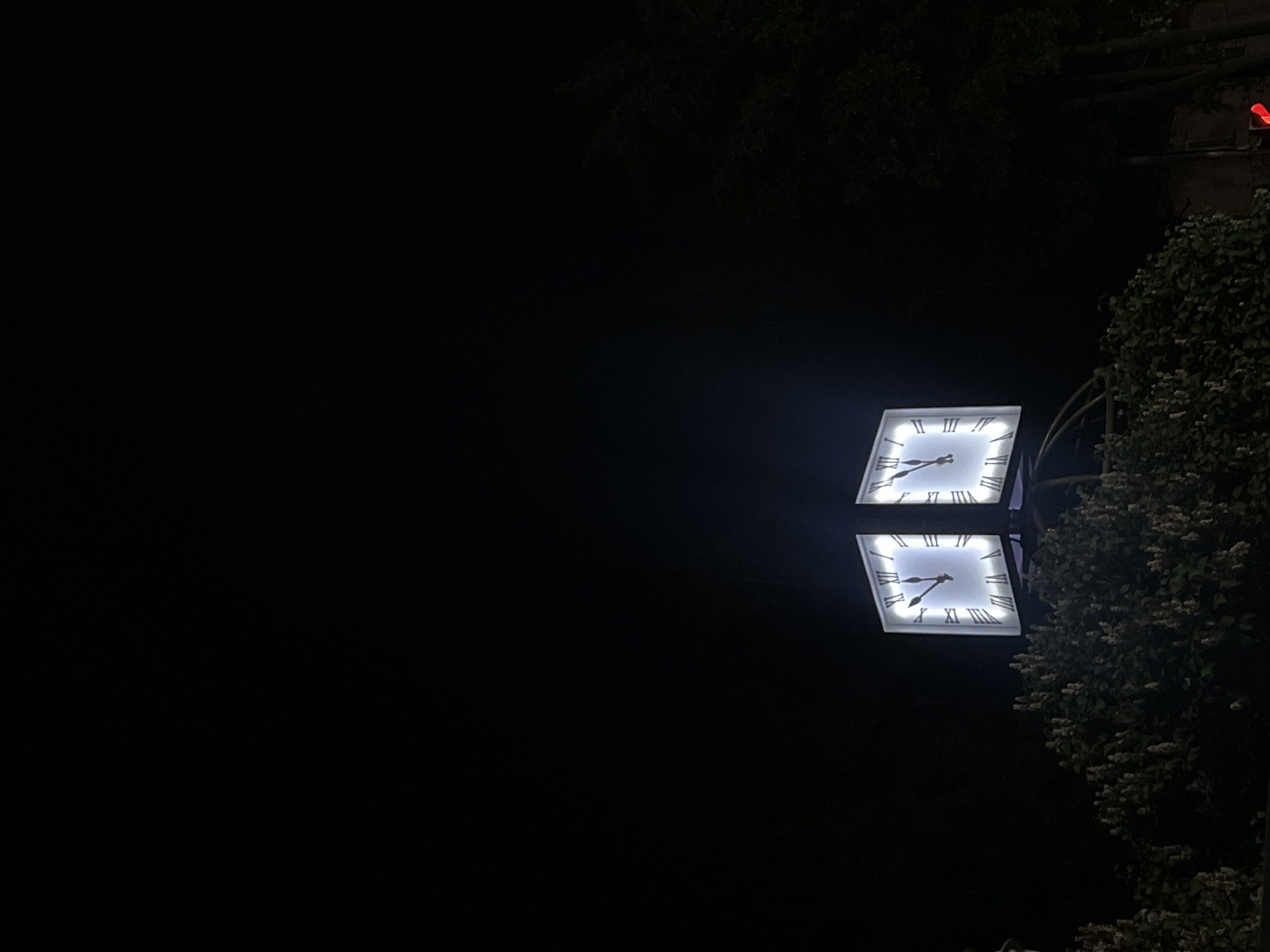 At night, a brightly illuminated square clock with Roman numerals is affixed to a pole. The reflection of the clock is visible in the water below. To the right, dark shrubbery frames the clock. The darkness of the night obscures the background, with only hints of tree branches visible above. The location is Chaikovsky, Russia.