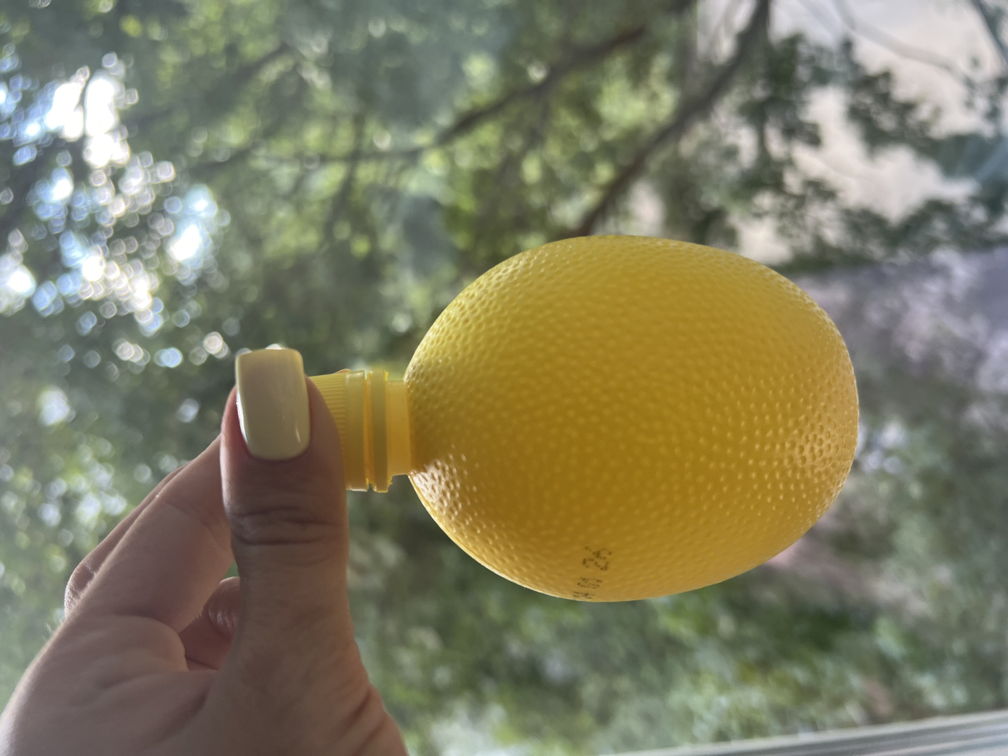 A hand with light skin and pale yellow nail polish holds a small, yellow, lemon-shaped plastic bottle. The bottle has a yellow cap and textured, dimpled surface. Faint black text is visible on the side of the bottle. The background is out of focus, showing green foliage and bright sunlight, suggesting an outdoor setting. The scene appears to be captured indoors near a window, with the blurred greenery visible through the glass. The location is Unknown, Unknown.