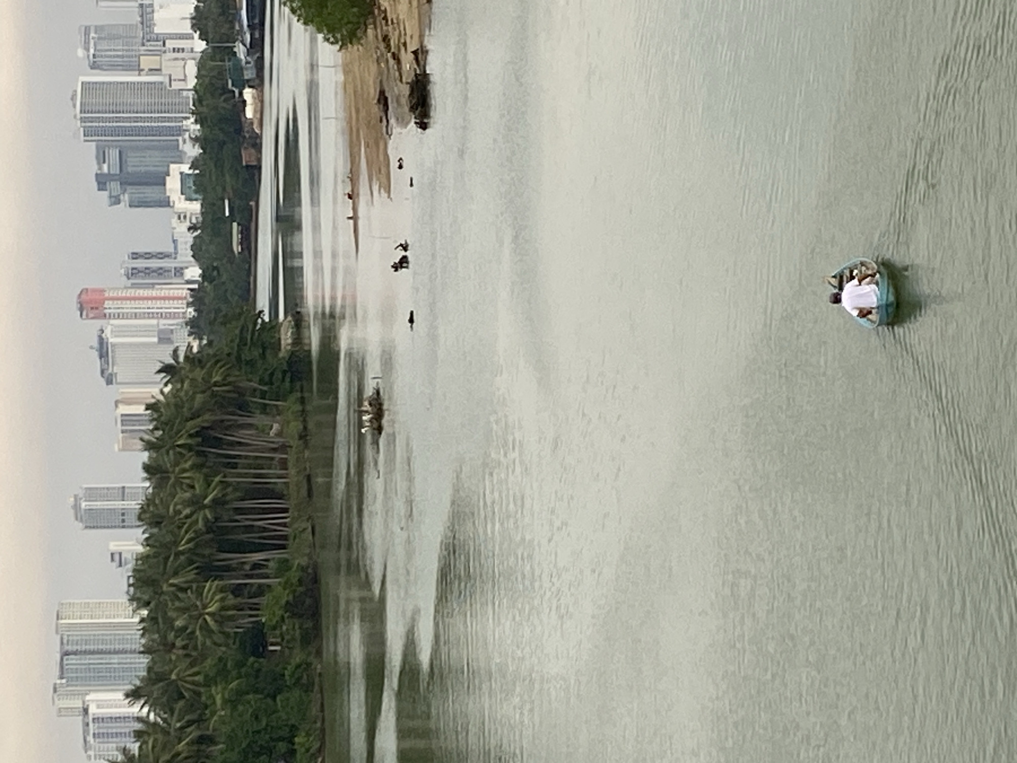 This image shows a cityscape with a prominent natural element of a body of water, likely a river or bay, in front of it. The cityscape is characterized by a dense collection of modern high-rise buildings, with varying heights and architectural styles, suggesting an urban environment. In contrast to the man-made structures, a lush line of palm trees borders the water's edge, creating a tropical atmosphere. This contrast between the urban development and the natural landscape is a key feature of the scene.
On the water, a small, round boat is visible. Inside the boat, there appear to be a few people dressed in white, possibly engaged in a leisurely activity or a religious ceremony. The boat's small size and its placement on the expansive water create a sense of scale. Further along the shore, there are some indistinct figures and objects, suggesting other activity or perhaps remnants of human presence near the water.
The water itself is a dominant element, reflecting the sky and creating a textured surface with ripples and waves. The sky appears overcast, hinting at a cloudy day, possibly with diffused light, as there are no strong shadows. The overall color palette is muted, dominated by greens of the foliage, blues and grays of the water and sky, and the neutral tones of the buildings. The image's orientation is vertical, which might give the impression of looking down from an elevated perspective. The scene suggests a moment of calm or perhaps a daily routine unfolding in a location where urban life meets a tropical coastal environment.