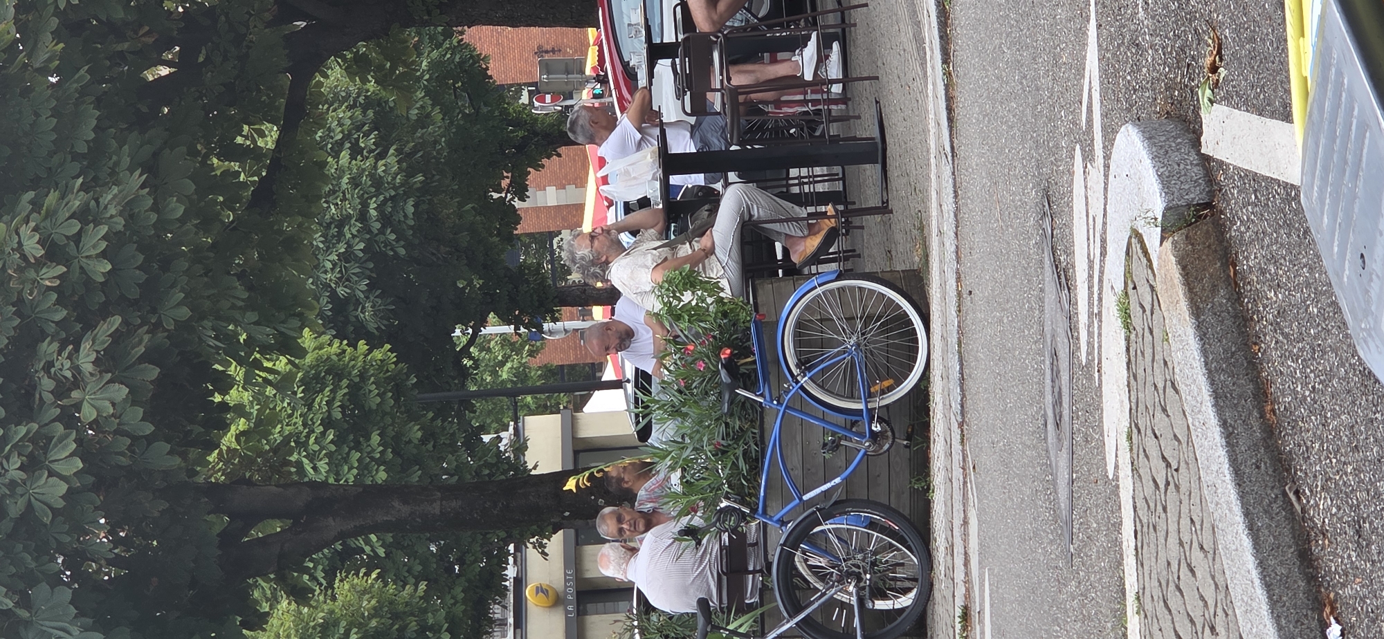 The image shows an outdoor seating area of a cafe or restaurant in Strasbourg, France, indicated by the "LA POSTE" sign visible on the building in the background. Several people are seated at tables. In the foreground, a blue bicycle is parked next to a planter box filled with greenery and pink flowers. The people appear to be engaged in conversation and enjoying their time. The environment includes trees providing shade, a paved street, and a sidewalk.