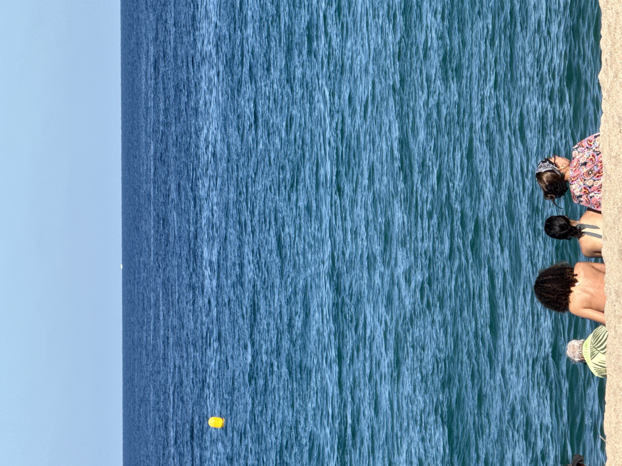 The media file captures a serene scene at a beach, likely in Blanes, Spain, as indicated by the location context. The main subject is the vast expanse of the Mediterranean Sea, its surface a textured tapestry of blue hues, reflecting the clear sky above. The time of day appears to be daytime, with ample natural light illuminating the water.
Several individuals are visible, positioned along the edge of the water, suggesting they are either at the shore or in the shallow end. Their postures and the context of a beach imply they are enjoying a day by the sea. One person in the foreground is partially visible, wearing a patterned garment, possibly a dress or skirt. Further into the water, other figures are seen from behind, their presence adding a sense of human activity to the natural landscape. One individual has dark, curly hair and is looking down. Another person is wearing a headscarf. A bright yellow buoy floats in the distance, a small, distinct object against the expansive blue.
The weather appears to be pleasant, with the clear sky and calm water indicating a good day for a beach outing. The scene evokes a feeling of relaxation and enjoyment, typical of a seaside vacation. The image is oriented vertically, with the water occupying the majority of the frame and a sliver of sandy shore on the right edge. There is no visible text in the media file.