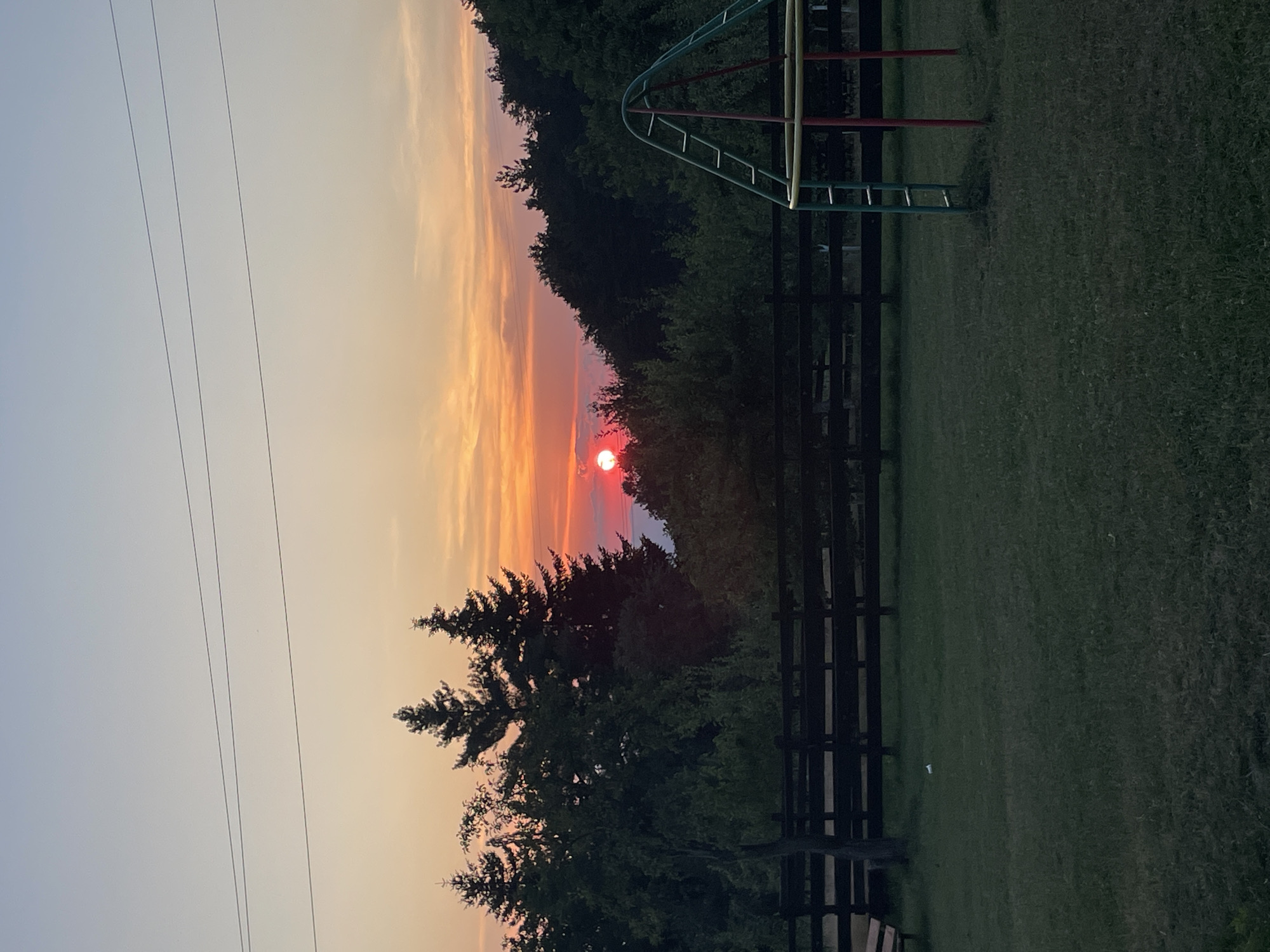 This is a photograph taken outdoors in Gabrovo, Bulgaria. The image depicts a sunset with a bright orange sun visible through streaks of clouds. The sky transitions from a pale blue on the left to warm oranges and yellows on the right. In the foreground, a dark wooden fence runs horizontally across the middle of the frame, separating a grassy field from a line of trees. A dark green pine tree is prominent in the lower left portion of the image. Beyond the fence, a playground structure with green and red elements is partially visible. The scene appears to be a park or an open area with recreational facilities, likely in a semi-rural or suburban setting given the presence of power lines in the sky. The lighting suggests it is late afternoon or early evening. There is no visible text in the image.