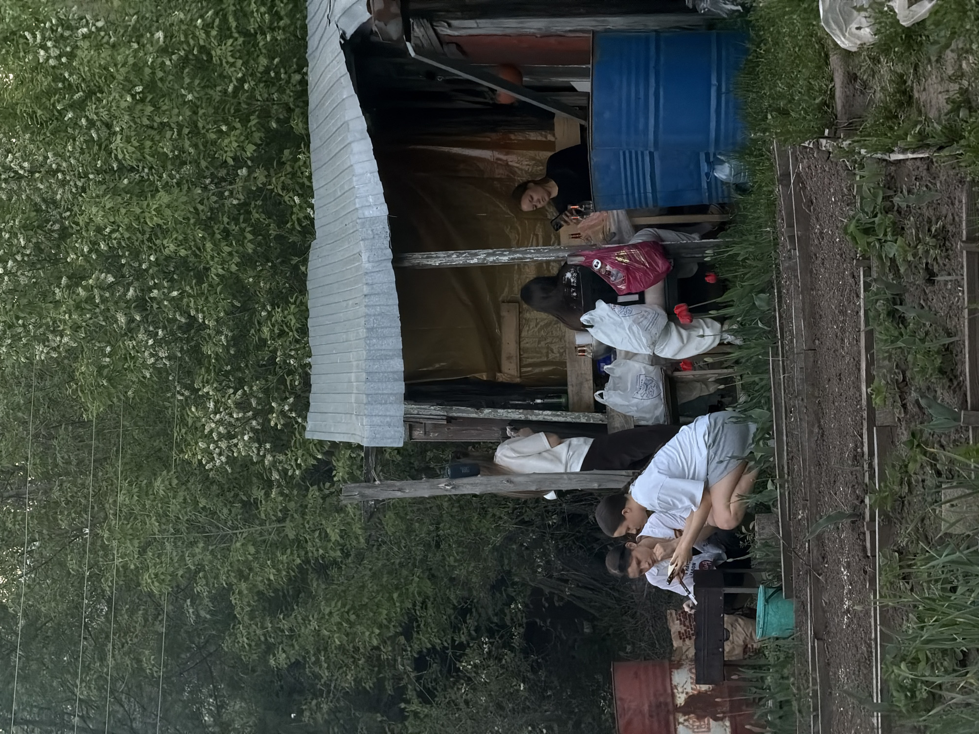 The image shows a group of people gathered near what appears to be a makeshift shelter or shed in a garden or yard setting. The structure is made of corrugated metal and wood. Inside the shelter, individuals are seated, some seemingly occupied with phones, while others appear to be resting. Outside, two people are tending to a garden bed. The surroundings are characterized by greenery, including trees and tall grass. There are also visible objects such as barrels, bags, and containers scattered around.
While I cannot determine the exact location in Perm, Russia, based solely on the image, the presence of a garden area with a makeshift shelter suggests a more rural or suburban part of the city or its outskirts.