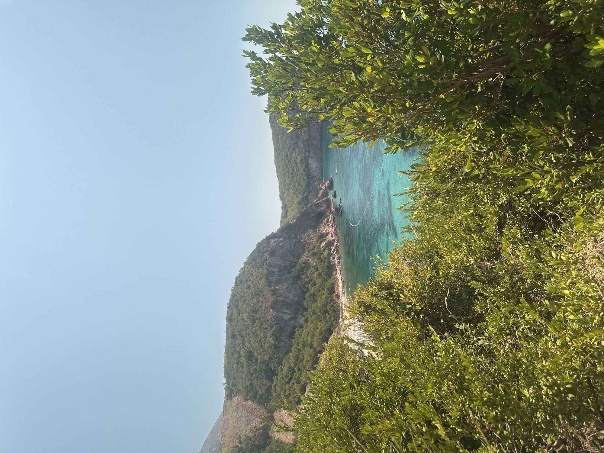 A bright, sunny day illuminates a scenic coastal view in Sveti Stefan, Montenegro. The foreground is dominated by lush green foliage, with dense bushes and trees obscuring much of the lower part of the frame. Beyond the greenery, a bay with crystal-clear turquoise water is visible. The water is calm and appears shallow near the shore, with a white buoys marking a section of the water.
In the middle ground, a rocky coastline curves around the bay. The cliffs are covered in dense green vegetation, and reddish-brown rocks are exposed in places. A small, secluded beach can be seen nestled within the cove, with a few scattered lounge chairs or umbrellas visible. The water here is a striking emerald green.
The background features a mountainous landscape, with steep, forested slopes rising from the coast. The sky is a clear, pale blue, with no clouds present. The overall impression is one of a tranquil, idyllic natural setting.