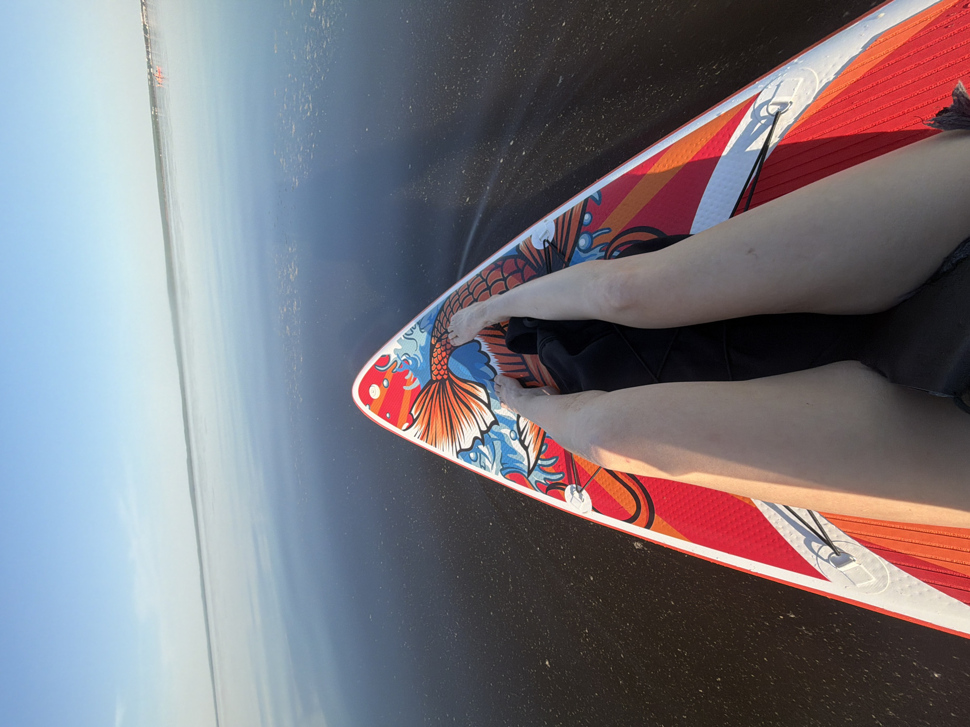 View from above of a person standing on a paddleboard with orange koi fish artwork in dark water with a strip of land, and the city of Noviy, Russia visible in the distance under a light blue sky. The paddleboard is red, white, orange, and blue. The person is standing with bare feet and wearing dark clothing.