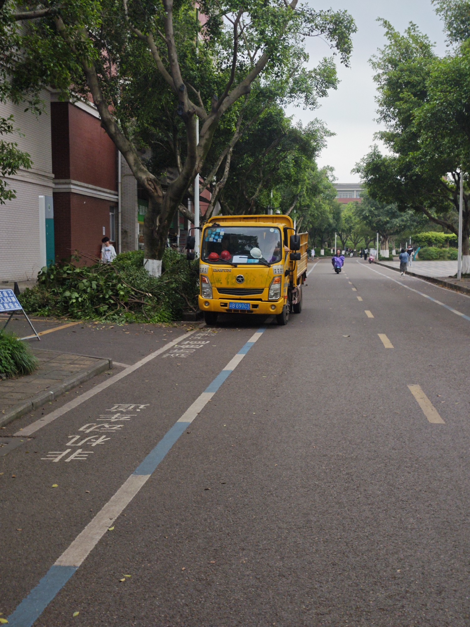 A street scene shows a yellow Dayun truck parked on the side of a road in Unknown, Unknown. The truck, with license plate B 697C3, is parked next to a pile of cut branches and a sign. A person stands near the pile of branches in front of a brick and white building. The road has a white and blue line marking a bicycle lane, and white dashed lines in the main lane. In the distance, people are walking and riding bikes on the road, which is lined with trees. The sky is overcast.