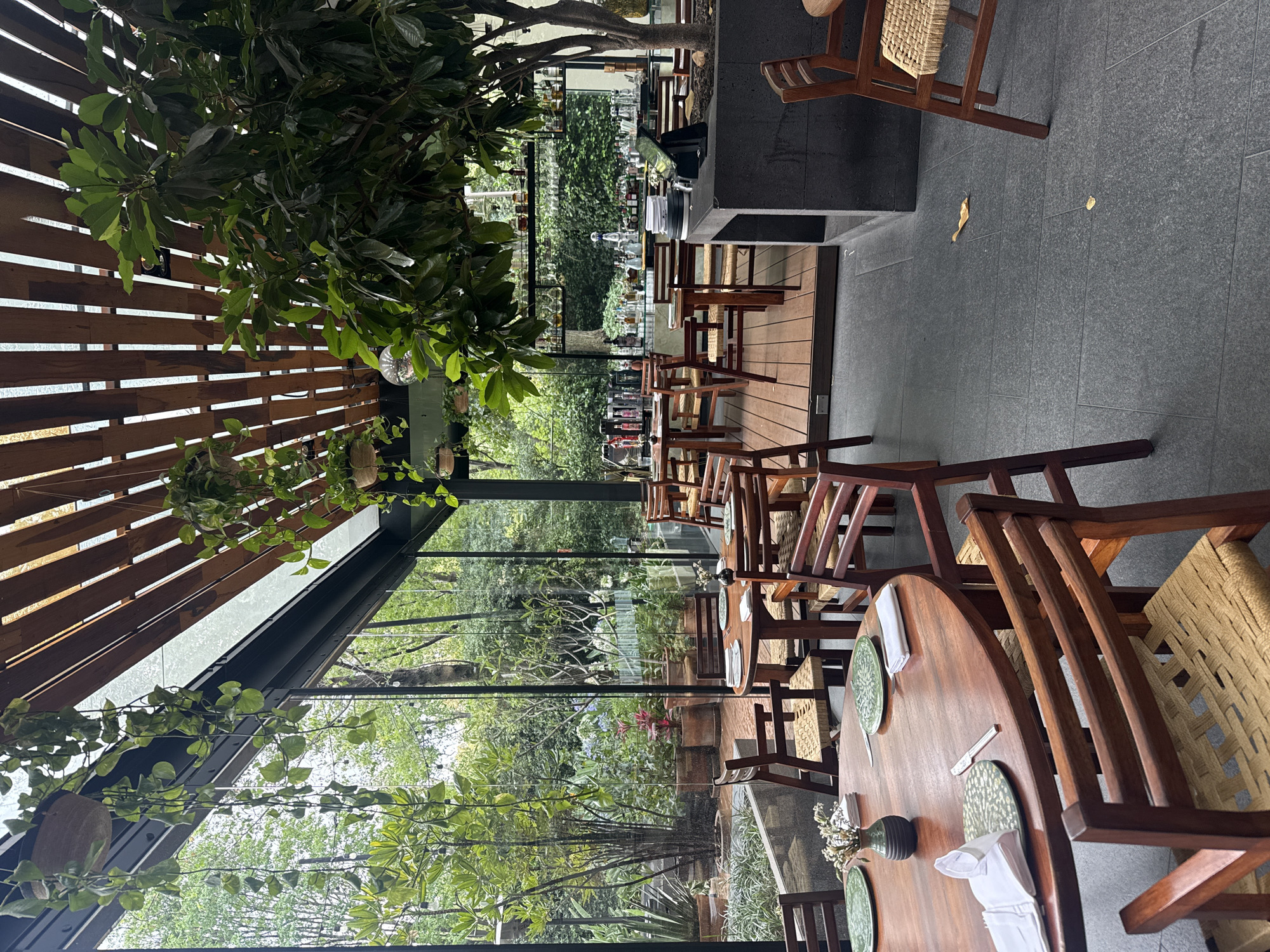 The image depicts the interior of a restaurant in Mexico City, Mexico, characterized by a garden-like ambiance with abundant greenery. The space is enclosed by glass walls, providing views of lush outdoor vegetation. Wooden tables and chairs are arranged throughout the dining area, set with green plates, cutlery, and white napkins. A wooden slat structure forms part of the ceiling, with plants hanging from it. Towards the back, a bar area is visible, and other tables and chairs extend into the distance. The floor is a dark grey tile. The scene is brightly lit, with natural light filtering through the foliage and glass. No people are clearly visible in the immediate foreground.