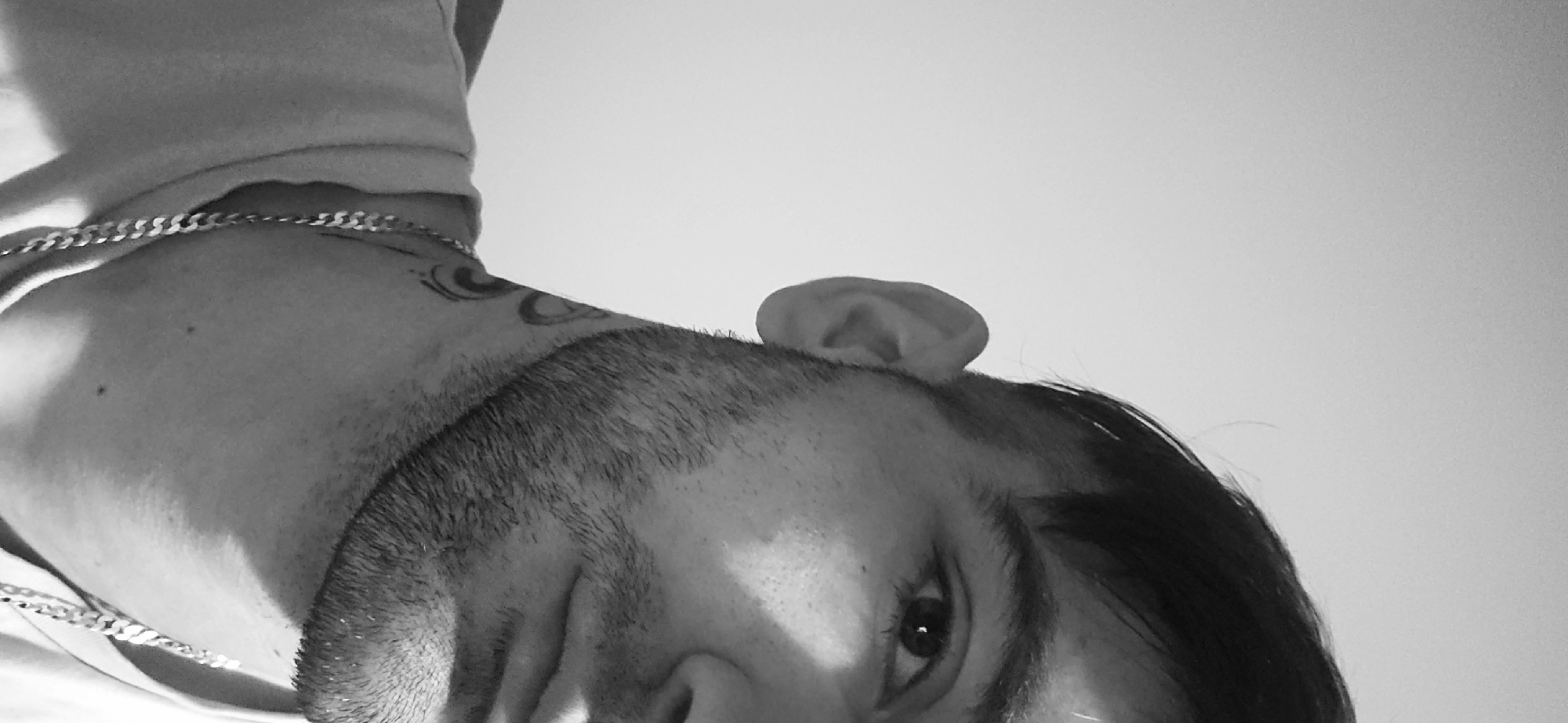 The image shows a close-up, low-angle view of a person's face and upper torso in black and white. The person has short, dark hair and a beard. A silver chain necklace is visible around their neck. There appears to be a tattoo on the upper chest or neck area. The person's eye is visible, and they seem to be looking down towards the camera. The background is a plain, light color. The image does not contain sufficient information to place the subject at a location in the city of Plovdiv, Bulgaria.