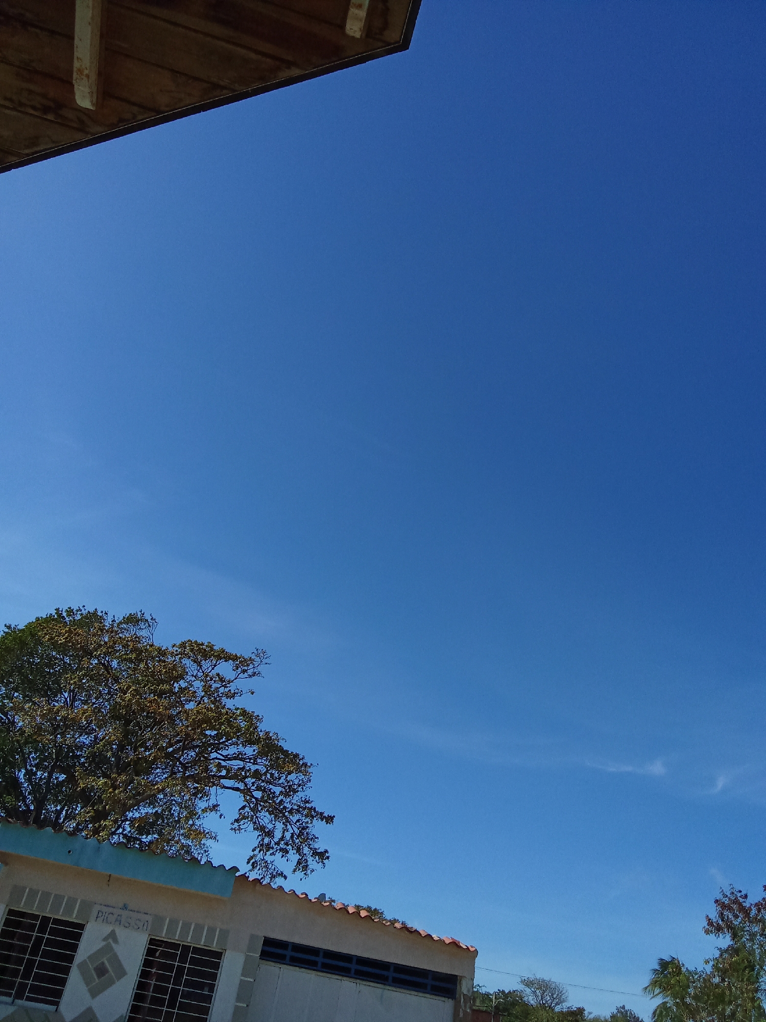 The image, taken in Juan Griego, Venezuela, depicts a partly cloudy bright blue sky visible from underneath a wooden roof. At the lower left of the image, a tree can be seen next to a building. The word "PICASSO" is visible on the building, written above a window. A tiled roof and additional trees are visible at the bottom right of the image.