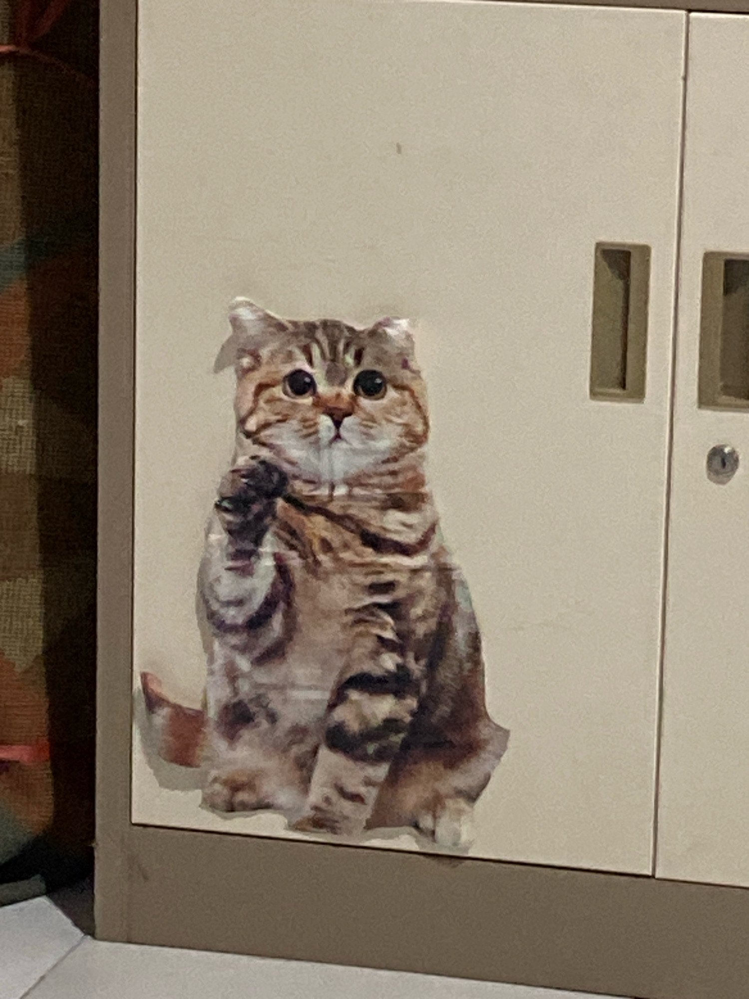 A sticker of a tabby cat is affixed to a light-colored metal cabinet door. The cat sticker is positioned in the center of the frame, facing forward with its paws raised. The cabinet has two vertical handles and a keyhole on the right door. The background to the left of the cabinet is a textured surface in shades of brown and green. The scene appears to be indoors, potentially in a home or office.