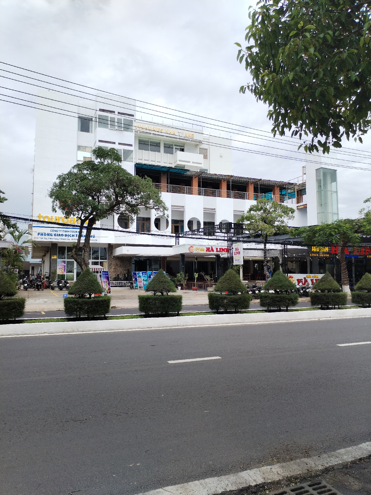 This image depicts a bustling street scene in Nha Trang Ward, Vietnam, likely during the daytime under an overcast sky. The foreground features a multi-lane asphalt road with a white lane marking, bordered by a concrete curb and a storm drain. A meticulously maintained green median strip, adorned with symmetrically trimmed evergreen bushes, separates the road from the pedestrian area.
In the midground and background, a row of multi-story commercial buildings lines the street. These structures are predominantly white, showcasing contemporary architectural elements such as balconies, circular windows, and a modern glass elevator shaft on the far right. Parked motorbikes are visible on the paved sidewalk in front of various establishments, indicating active businesses.
Visible text provides location and business details. Signs for a travel agency read "CÔNG TY TNHH TOUR D" and "PHÒNG GIAO DỊCH TRẦN HÚ" (Transaction Office Tran Hu), accompanied by the address "634 Trần Phú, P. Nha Trang, T. Khánh Hòa." Further down the street, multiple signs prominently display "HÀ LINH," suggesting a restaurant or commercial entity with that name.
Several trees are scattered throughout the scene. A large, leafy tree partially obstructs the upper right portion of the buildings, while another substantial tree with a thick trunk stands in front of the travel agency. Smaller, decorative trees and hedges are arranged along the median and in front of the businesses. Overhead, numerous black power lines crisscross against the light grey sky. The overall scene suggests a vibrant urban environment with ongoing daily activity.