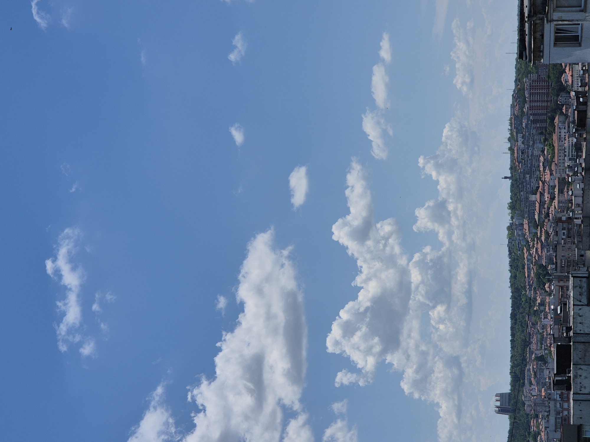 The image shows a panoramic view of a city skyline under a bright blue sky with scattered white clouds. In the foreground, the rooftops of urban buildings are visible, some appearing aged and weathered. A hill covered with lush green trees forms the mid-ground, beyond which lies the densely populated city. The buildings in the city are characterized by terracotta roofs and a mix of architectural styles. On the far left of the hill, a distinct, tall, modern building with a unique design stands out against the natural landscape. A few tall, slender structures, possibly communication towers, are also visible on the distant horizon. The overall impression is one of a vibrant city nestled amidst a verdant natural setting, bathed in the light of a sunny day.