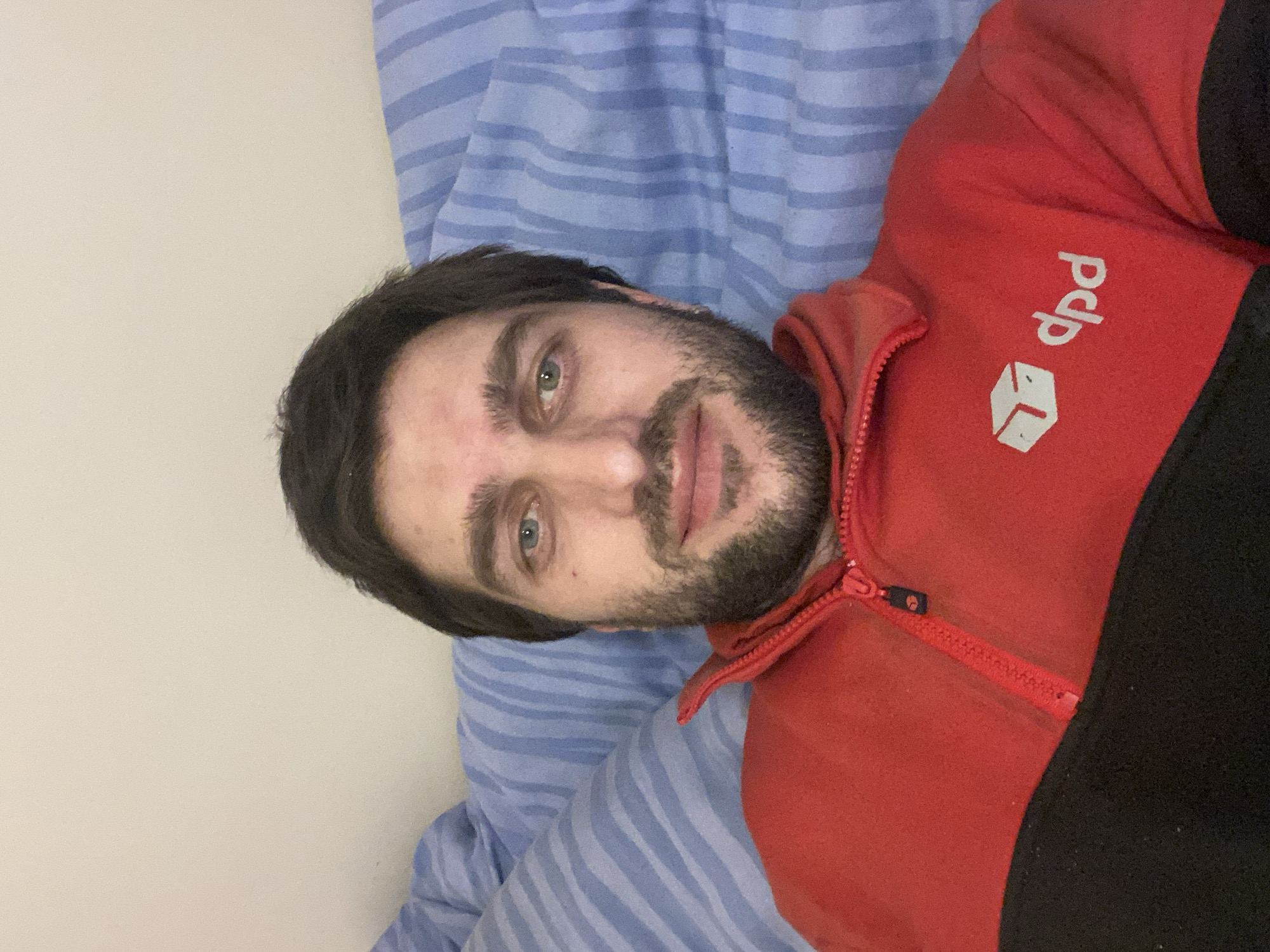 A man with dark hair and a beard is depicted lying down indoors, looking directly at the camera with a slight smile. He has light-colored eyes. He is wearing a red and black fleece jacket featuring a half-zip closure with a black zipper pull. A white logo, consisting of a stylized cube and the lowercase letters "dpd," is visible on the red section of the jacket. The man is resting on a blue and white striped pillow, with a plain light-colored wall in the background. The scene takes place in the city of Unknown, Unknown.