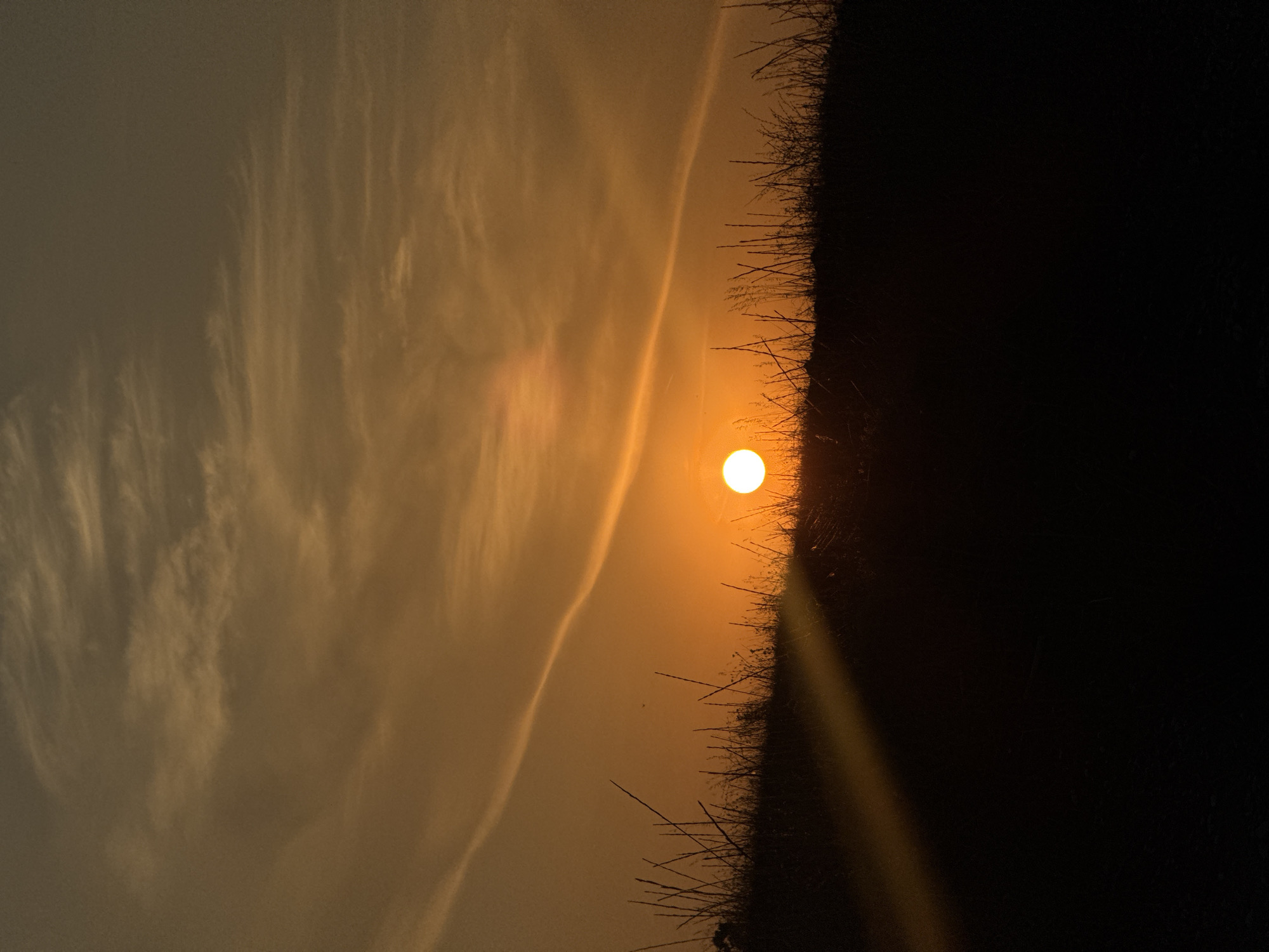 A sunset scene is captured over a silhouetted grassy hill. The sun, a bright orange orb, is positioned low on the horizon, partially obscured by the dark outline of the hill and grass. The sky is a gradient of warm oranges and yellows, with wispy clouds streaking across the upper portion of the frame. A diagonal band of light, possibly from the setting sun, cuts across the lower left of the image. The foreground is a deep, dark silhouette of the land. This scene is consistent with the natural beauty observed in and around the city of Pomorie, Bulgaria, particularly during sunset over its coastal plains or hills. There are no people or animals visible in the image.