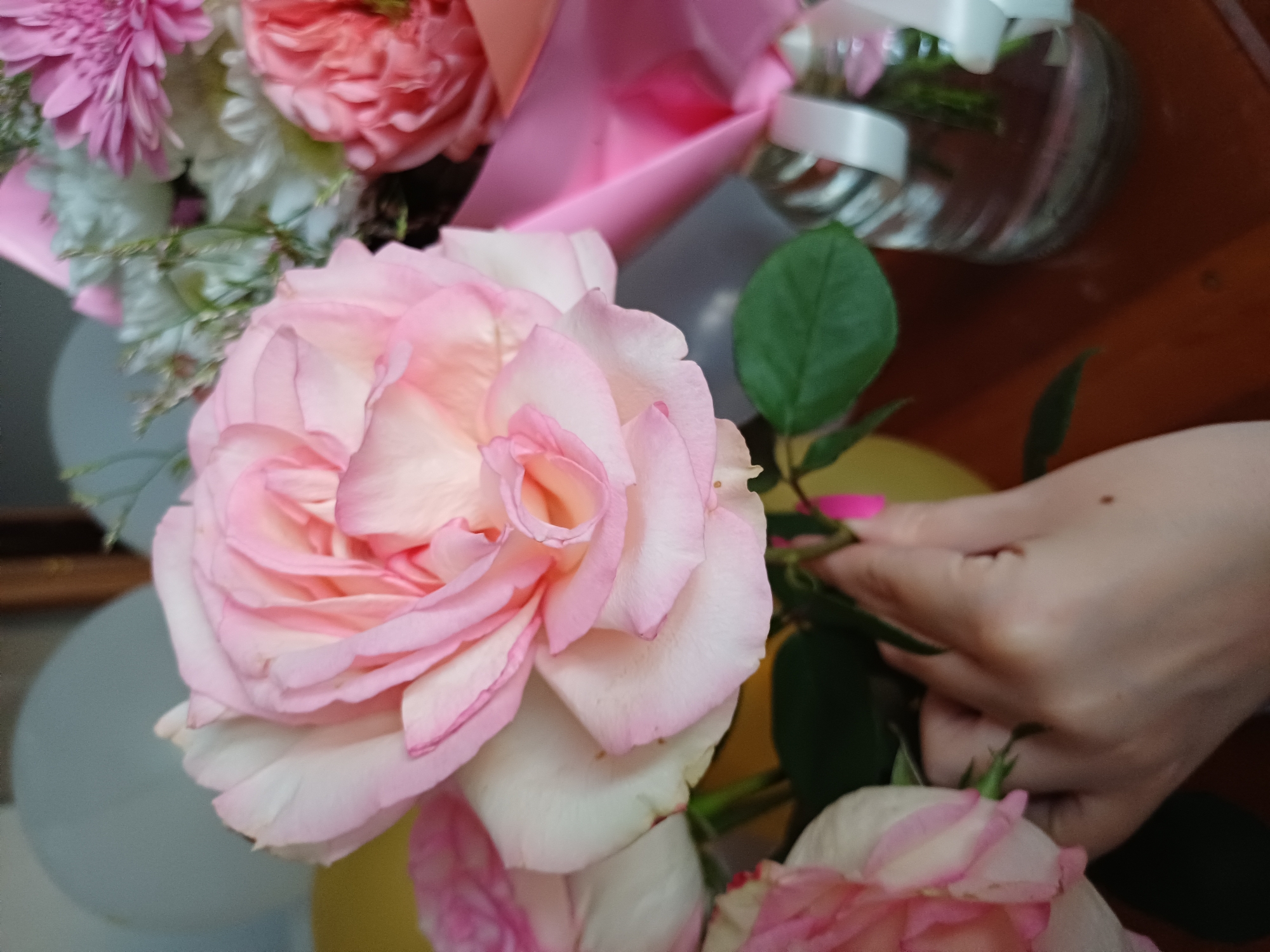 A close-up shot showcases a bouquet of flowers, prominently featuring a large, pale pink rose in the foreground. The rose has many delicate petals, with lighter edges and hints of white. Behind it, a pink gerbera daisy and other pink and white flowers are visible, partially obscured by a pink ribbon or wrapping.
In the upper right, a glass vase with a white ribbon tie contains more flowers and greenery, suggesting a gift or decoration. A person's hand, with bright pink nail polish, is gently holding some of the rose's stems, possibly arranging or admiring the bouquet. The setting appears to be indoors, with a wooden surface visible in the background and what looks like a balloon to the left. The lighting is soft, creating a gentle mood. There is no visible text in the image.