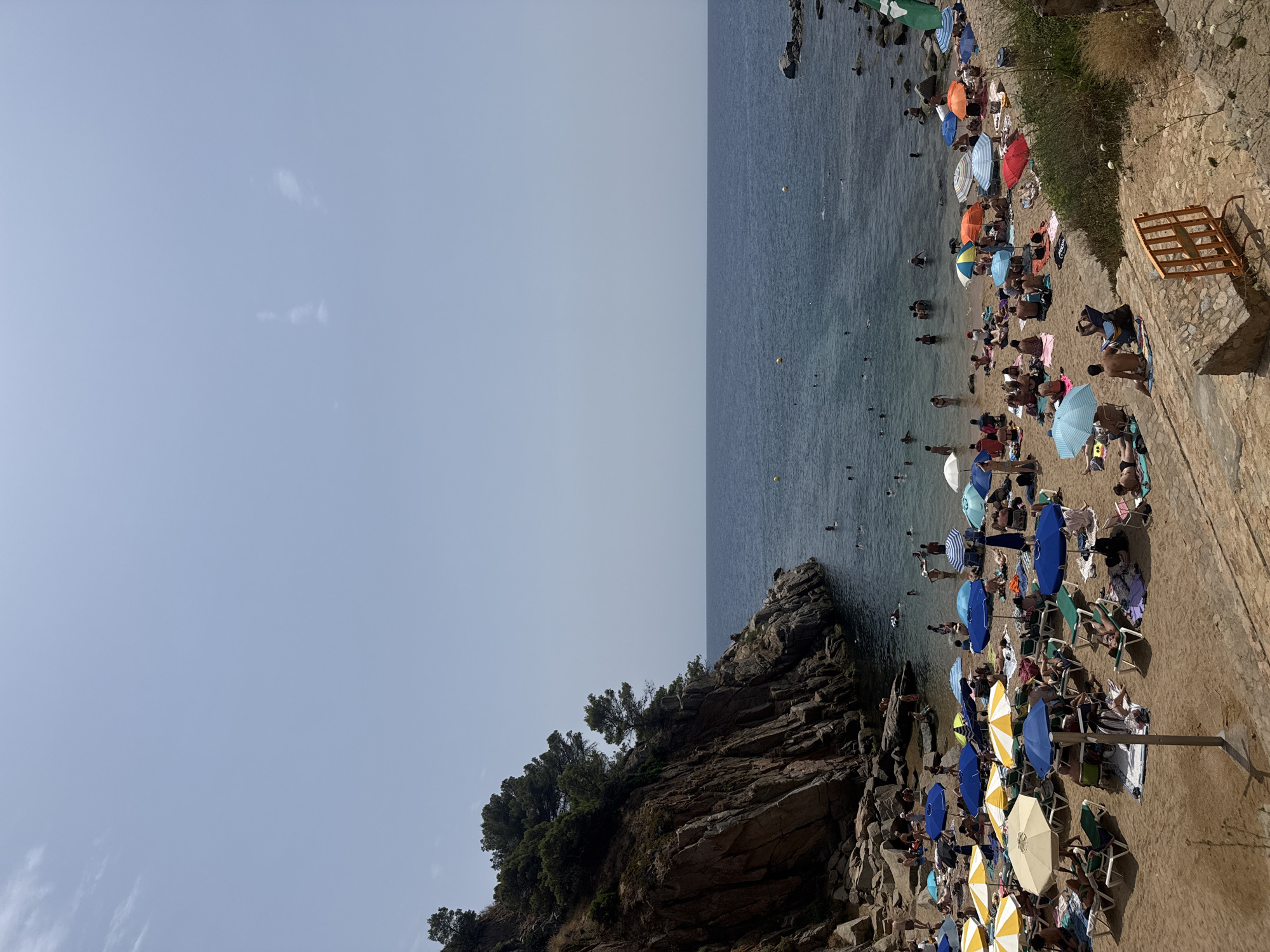 This image depicts a bustling beach scene in Tossa de Mar, Spain, likely during the summer months. The foreground is dominated by a sandy beach dotted with numerous beach umbrellas of various colors, including yellow, blue, white, and red. People are scattered across the beach, many lounging on beach chairs or towels under the umbrellas. Some individuals are visible in the water, swimming or wading.
To the left of the beach, a steep, rocky cliff face covered in dense green vegetation rises dramatically. Trees with dark green foliage cling to the rocky surface, adding a natural, rugged element to the scene. The sea is a deep blue, with a gentle swell and a few yellow buoys visible in the water. The horizon is clear, with a pale blue sky overhead, indicating fair weather. The overall impression is one of a popular tourist destination enjoying a sunny day by the Mediterranean Sea.