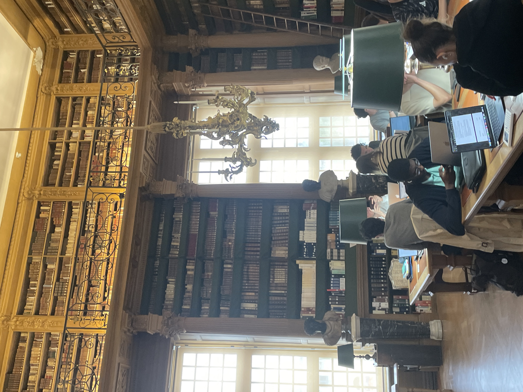 The image depicts the interior of a grand library, likely a historical one, characterized by towering bookshelves filled with numerous volumes, ornate architectural details, and abundant natural light streaming through large windows. The library appears to be a reading room where patrons are engaged in study.
In the foreground, several individuals are seated at large wooden tables, each engrossed in their work. One person in the foreground is looking at a laptop, with a document open on the screen, and a calculator beside it. Another person to their right is looking down, possibly at their phone. In the middle ground, more people are seated, some with laptops, others looking at books. A person in a grey sweater is facing away from the camera, working on a laptop.
The library's architecture is a prominent feature. The walls are lined with dark wooden bookshelves, stretching from floor to ceiling. These shelves are organized into multiple tiers, creating a sense of immense scale. A balcony with an ornate wrought-iron railing overlooks the lower level, further enhancing the sense of grandeur. Large, multi-paned windows allow natural light to illuminate the space, casting bright patterns on the floor and furniture. An elaborate golden chandelier hangs from the ceiling, adding to the opulent atmosphere. Busts of notable figures are placed on pedestals, suggesting an academic or historical significance. A tall ladder leans against one of the bookshelves, indicating the height of the collection. The flooring appears to be made of polished wood.
The scene suggests a bustling academic environment, a place for quiet contemplation and research within a historically significant setting. Given the architectural style and the presence of such a well-preserved library, it is plausible that this location is a well-known Parisian institution. Specific details that might pinpoint the exact location within Paris are not immediately evident from the visual information provided.