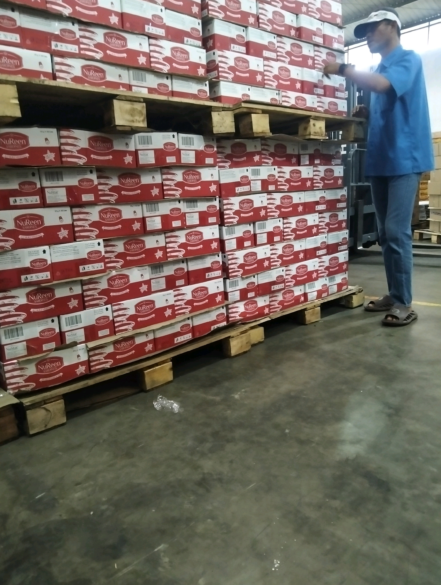 In Tanggulangin, Indonesia, a warehouse environment is depicted. Large stacks of packaged goods, primarily labeled "NuReen Sardines," are arranged on wooden pallets. The boxes are predominantly red and white, featuring images of sardines and a star motif. A man, wearing a blue shirt, jeans, and a white cap, is standing to the right of the stacks, gesturing with his right hand. He appears to be interacting with the stacked products. The flooring is concrete, and the lighting suggests an indoor setting, possibly a distribution center or storage facility. Scattered on the floor are a few pieces of clear plastic debris.