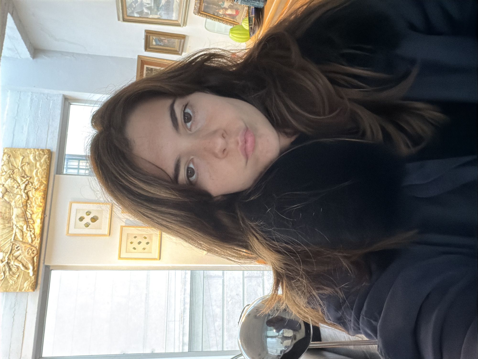 A young woman with brown hair and light skin is the primary subject of the image. She is wearing a dark-colored garment, possibly a coat or jacket. Her face is angled towards the camera.
Behind her, a room interior is visible, including framed artworks on the wall. A window lets in natural light, illuminating the scene. The objects and architectural details are not distinctive enough to pinpoint a specific location in Buenos Aires, Argentina, without further information.