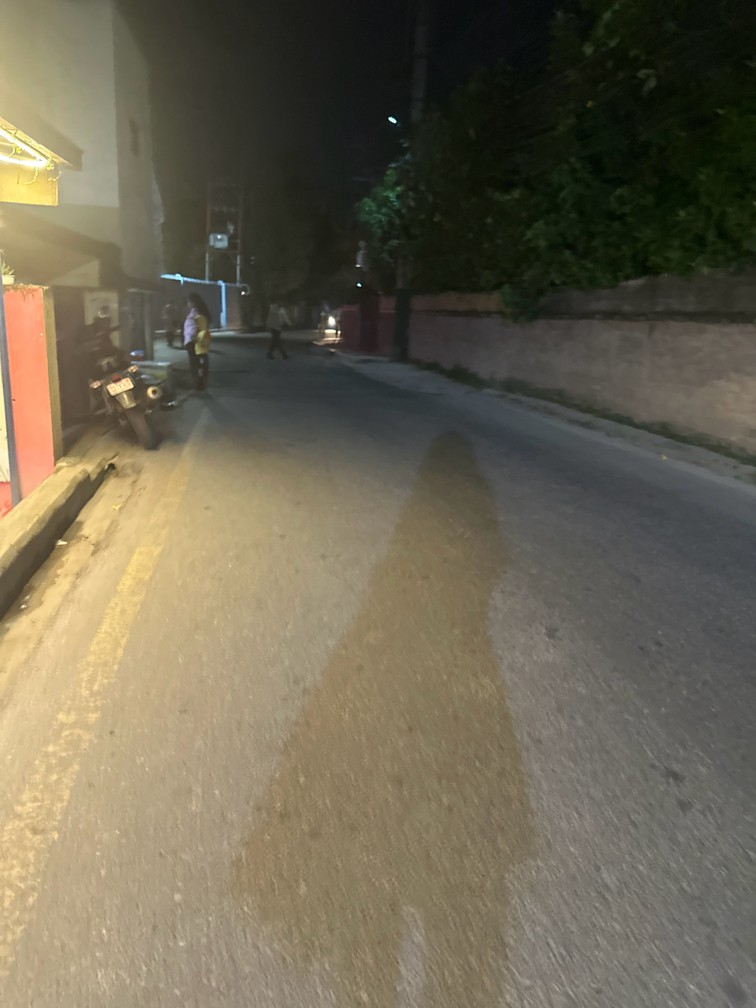The image depicts a street scene at night in Lalitpur, Nepal. A dark asphalt road dominates the foreground, marked by a faded yellow line on the left side. A long, indistinct shadow of a person is cast across the road from the left, suggesting a light source behind the viewer. On the left side of the street, a building with a light-colored facade and a red-colored base is visible, with a motorcycle parked near its entrance. Further down the street, two individuals are walking away from the camera. To the right of the road, a stone wall runs along the edge of dense, dark foliage. The overall atmosphere is dim, with artificial lighting from the building and possibly streetlights illuminating parts of the scene.