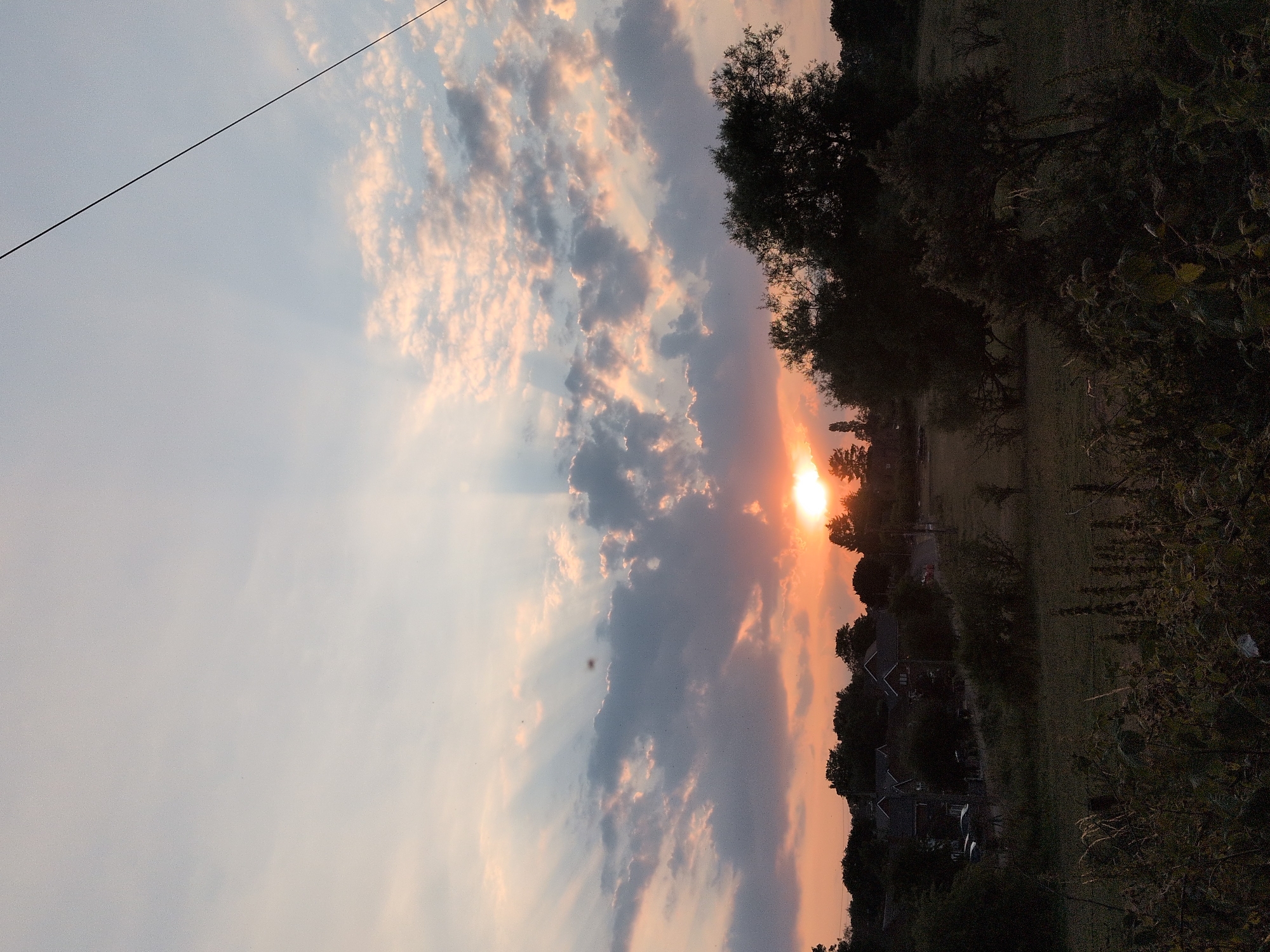 The image depicts a rural landscape at sunset, likely in or near Dawley, United Kingdom. The sky is filled with dramatic clouds, illuminated by the setting sun which is partially obscured by the clouds and trees. Rays of sunlight emanate from behind the clouds, creating a crepuscular effect. In the mid-ground, there are several residential buildings with dark roofs, suggesting a small village or housing estate. A few cars are visible parked near the houses. The foreground is dominated by dense vegetation, including tall grass and bushes, which are cast in shadow. A single power line stretches diagonally across the upper right portion of the sky. The overall mood is serene and natural, characteristic of a countryside scene during twilight.