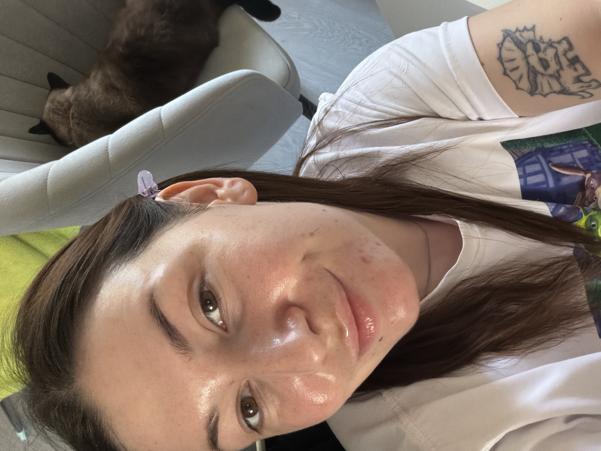A light-skinned woman with brown hair is shown in a close-up selfie. She has brown eyes, and her skin appears shiny, possibly due to the lighting or a skincare product. A small pink clip holds some of her hair back near her ear. She is wearing a white t-shirt, and a tattoo is visible on her upper arm. Behind her, a brown cat rests on a gray chair. The image's angle suggests it was taken from a slightly elevated position. Based on provided information, the location may be Chaikovsky, Russia.