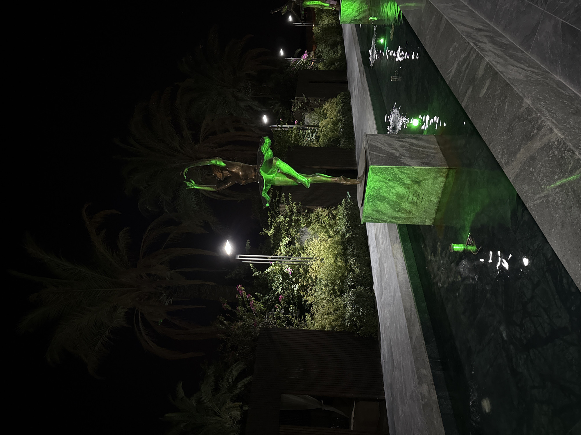 At night in Bodrum, Turkey, a dimly lit outdoor scene features a decorative fountain with at least two bronze sculptures of ballerinas. The sculptures are illuminated with bright green lights, casting a vibrant glow on their figures and the surrounding water. The fountain is integrated into a paved walkway made of dark gray, speckled stone. Lush green vegetation, including palm trees and flowering bushes, surrounds the fountain area. To the left, a dark wooden structure with a recessed opening, possibly an entrance or seating area with white curtains, is visible. The water in the fountain is dark and reflects the green lights, creating shimmering patterns. Several small fountains or water features are present within the main body of the water. The sky is dark, indicating nighttime.