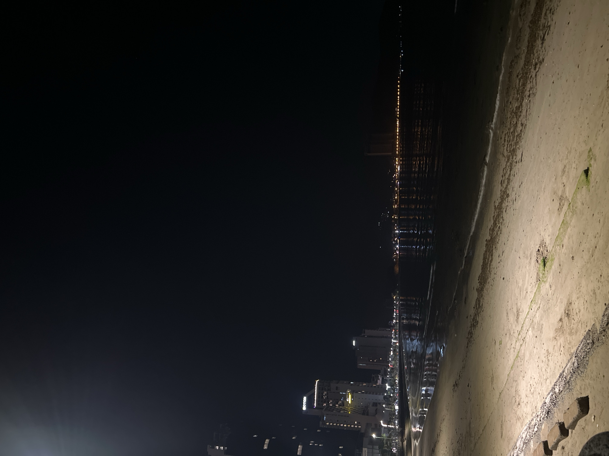 The image displays a nighttime coastal scene, likely in Bắc Nha Trang, Vietnam, featuring a dimly lit beach alongside a cityscape reflected in the water. The overall impression is one of urban tranquility after dark.
In the right foreground, a sandy beach extends, illuminated by an unseen light source that casts a warm, yellowish glow on the sand. Closer to the water's edge, the sand appears wet, meeting the gentle waves of the ocean. A distinct line separates the sand from a concrete or paved area, where a small patch of green growth is visible.
The midground features the dark waters of the sea, which vividly reflect the artificial lights from the city. These reflections create long, shimmering vertical streaks across the water's surface, indicating the presence of numerous illuminated structures along the coast.
The background, on the left side of the image, reveals a vibrant cityscape. Multiple high-rise buildings and structures are brightly lit, standing out against the dark, clear night sky. Visible text includes "BOTON" displayed prominently on one building and "NOVOTEL" on another, suggesting the presence of hotels or commercial establishments.
No individuals or specific activities are visible in the scene. The image primarily captures the static beauty of an illuminated urban shoreline under a dark night sky.