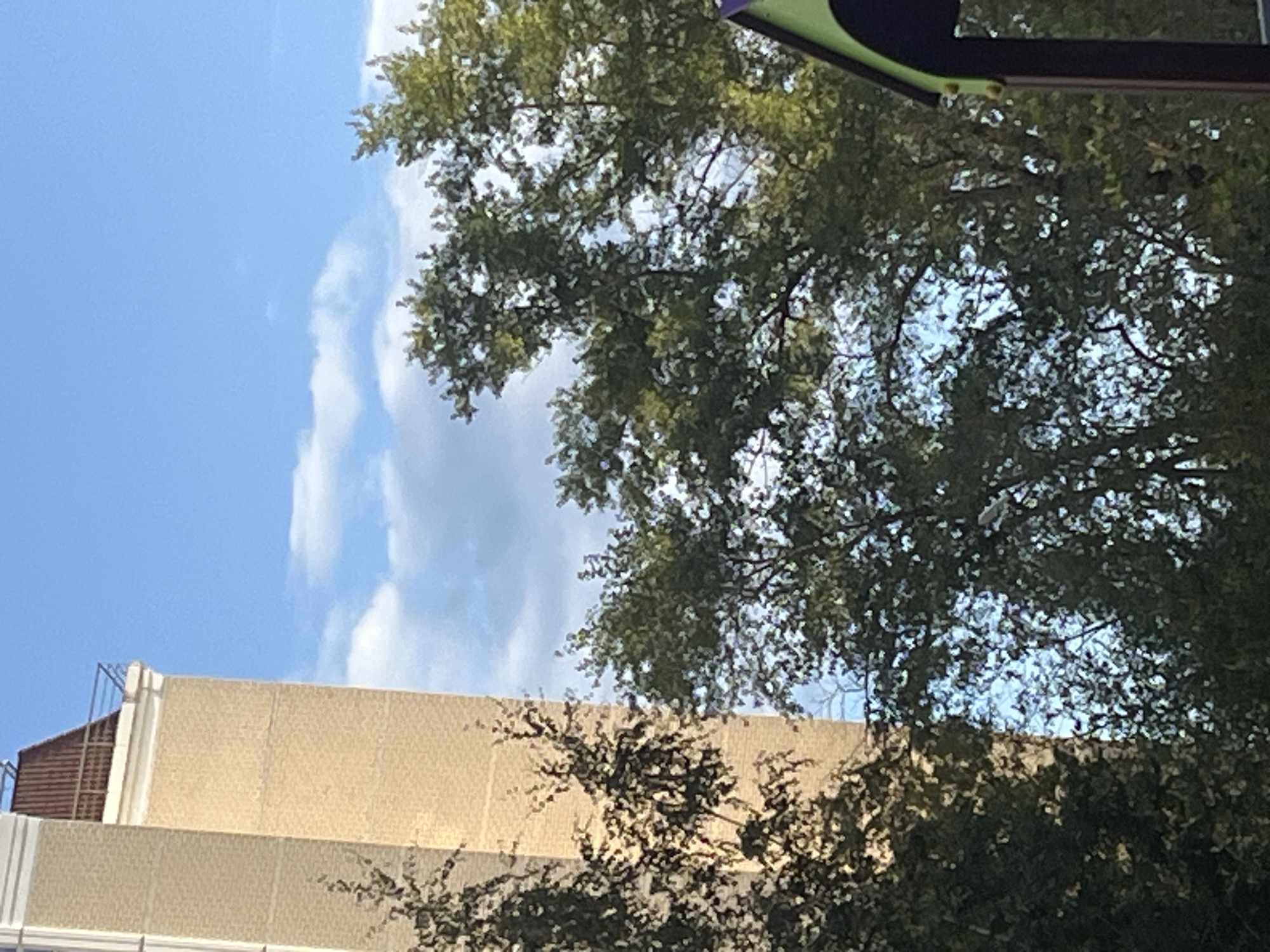 The image captures an outdoor scene with a tall, light-colored building on the left, partially obscured by lush green trees. The building appears to be made of brick and has a metallic structure on its roof. The sky above is a bright blue with scattered white clouds. The trees are full of leaves, suggesting a warm season. In the lower right corner, a portion of a playground structure, possibly a slide, is visible with green and purple elements. The overall environment suggests a park or residential area with recreational facilities. The location is identified as Nemchinovka, Russia. There are no people visible in the image, and no actions or interactions are depicted.