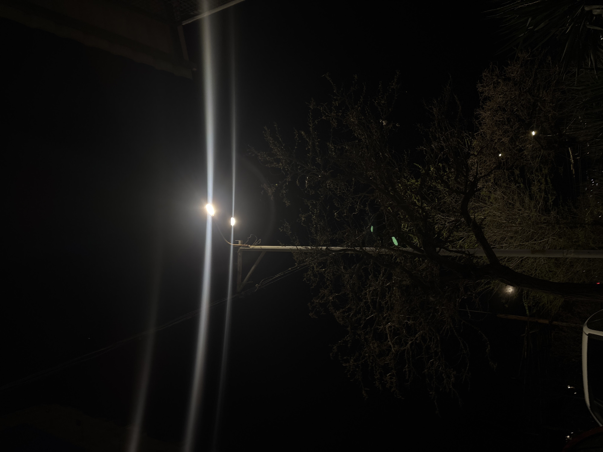 At night, in what is possibly Yerevan, Armenia, a dark scene shows a utility pole with two lit streetlights. To the right of the pole, a barren tree stretches out, its branches reaching towards a dark sky. There are some sparse and dim lighting in the background. In the upper left, there is a dark overhang. The image is mostly shrouded in darkness, with the streetlights being the dominant light source.