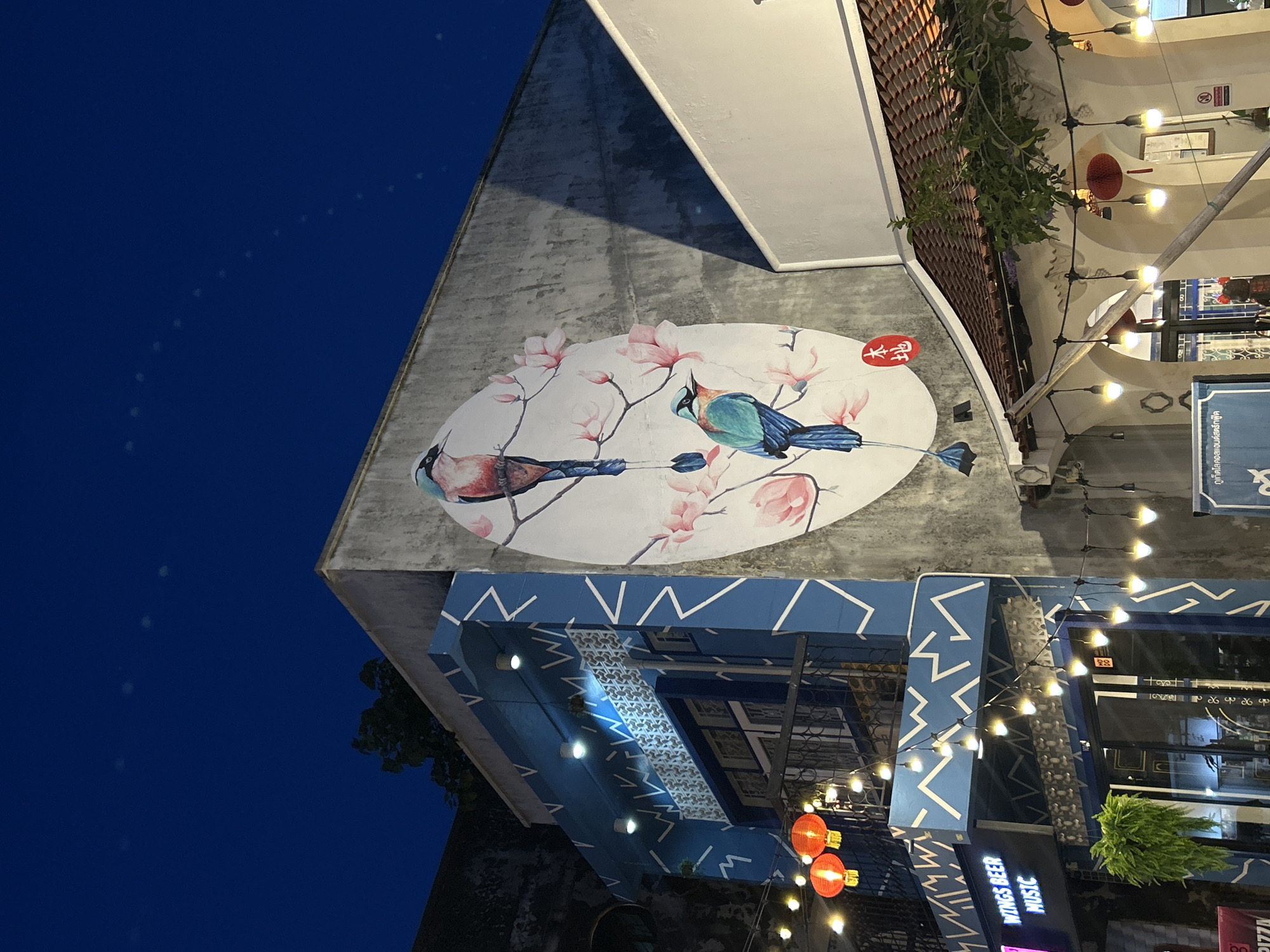 The image captures a street view at night in Phuket City Municipality, Thailand. The focal point is a building facade adorned with a large mural of two birds perched on branches with pink blossoms, set within an oval frame. The building on the left is painted blue with white geometric patterns and features illuminated string lights and red lanterns. A sign above a storefront reads "WINGS BEER MUSIC". Adjacent to this, a white building with a tiled roof is visible, also decorated with string lights and architectural arches. The sky above is a deep blue, with faint celestial lights visible. The scene suggests a vibrant, possibly commercial, area illuminated for evening activity.