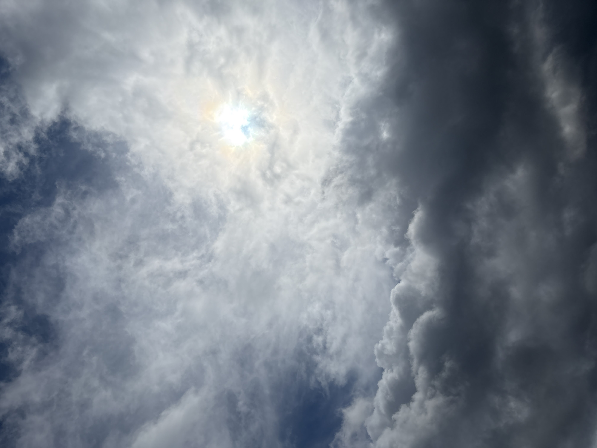 This is a photograph of the sky, with the sun visible through a scattering of clouds. The clouds are varied, with some appearing bright and wispy, while others are dark and heavy, suggesting a mix of weather conditions. The sun is a bright, intense point in the sky, surrounded by a halo of light. The overall impression is one of a dynamic and atmospheric sky. The image was taken in Sulmash, Russia. The time of day and specific location are not detailed in the photograph. The photograph does not contain any visible text.