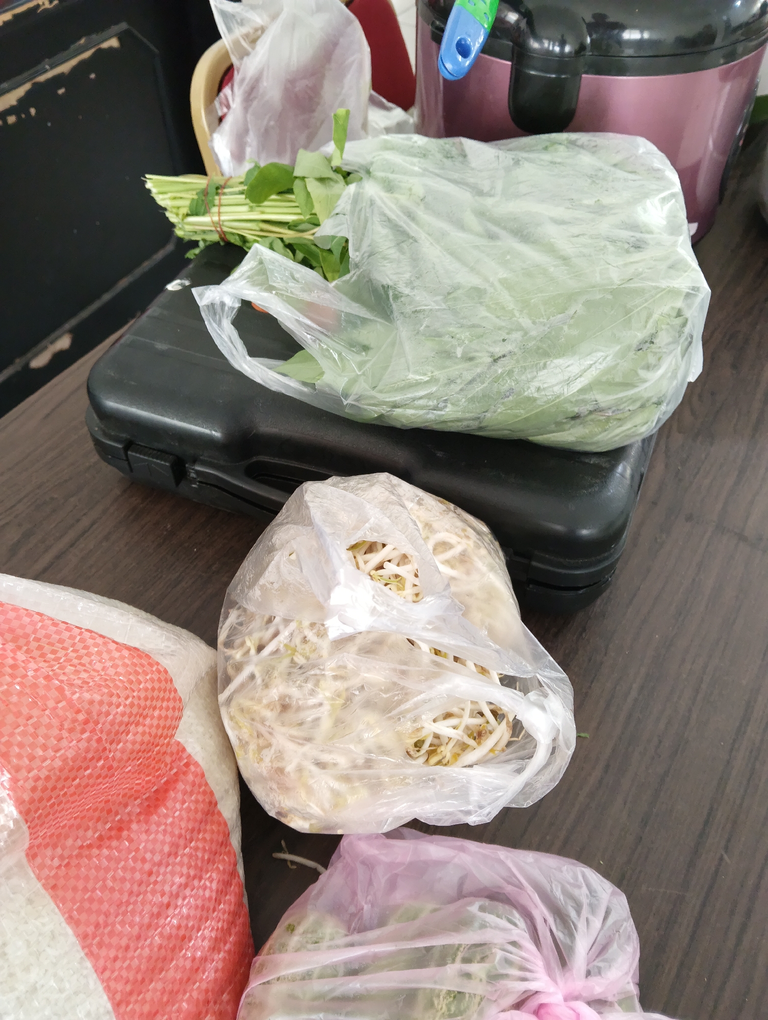 The image shows a close-up view of various food items and kitchenware on a wooden table. In the foreground, there are two bags of what appear to be sprouts, one in a clear plastic bag and another in a pink plastic bag. To the left, a large white sack with a red mesh pattern is partially visible. In the background, a bunch of green leafy vegetables is tied with a red string and placed inside a clear plastic bag, resting on a black rectangular object. Behind this, a pink appliance, possibly a rice cooker, is visible, with a blue and green handle attached to its lid. The overall environment suggests a kitchen or dining area. The image does not provide any specific information about the city of Pekanbaru, Indonesia, as there are no identifying landmarks or cultural indicators present.