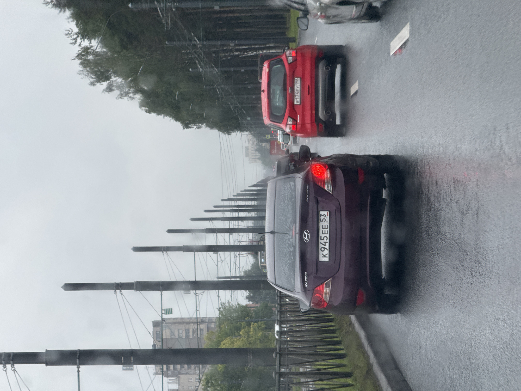The image captures a traffic scene on a rainy day in Saint Petersburg, Russia, likely along a wide avenue lined with trees and a row of tall, dark poles with overhead wires. In the foreground, a dark red Hyundai Solaris is seen from the rear, its license plate reading "K945EE 53 RUS." To the right of the Hyundai, a red Ford EcoSport is visible, its license plate showing "E174EY 198." Further ahead, other vehicles are present, including a partially visible silver car on the far right. The road surface is wet and reflective, indicating continuous rainfall. The sky is overcast, contributing to a muted, gray atmosphere. In the background, buildings and more trees are discernible through the atmospheric haze. The overall scene depicts a typical urban traffic situation during inclement weather.