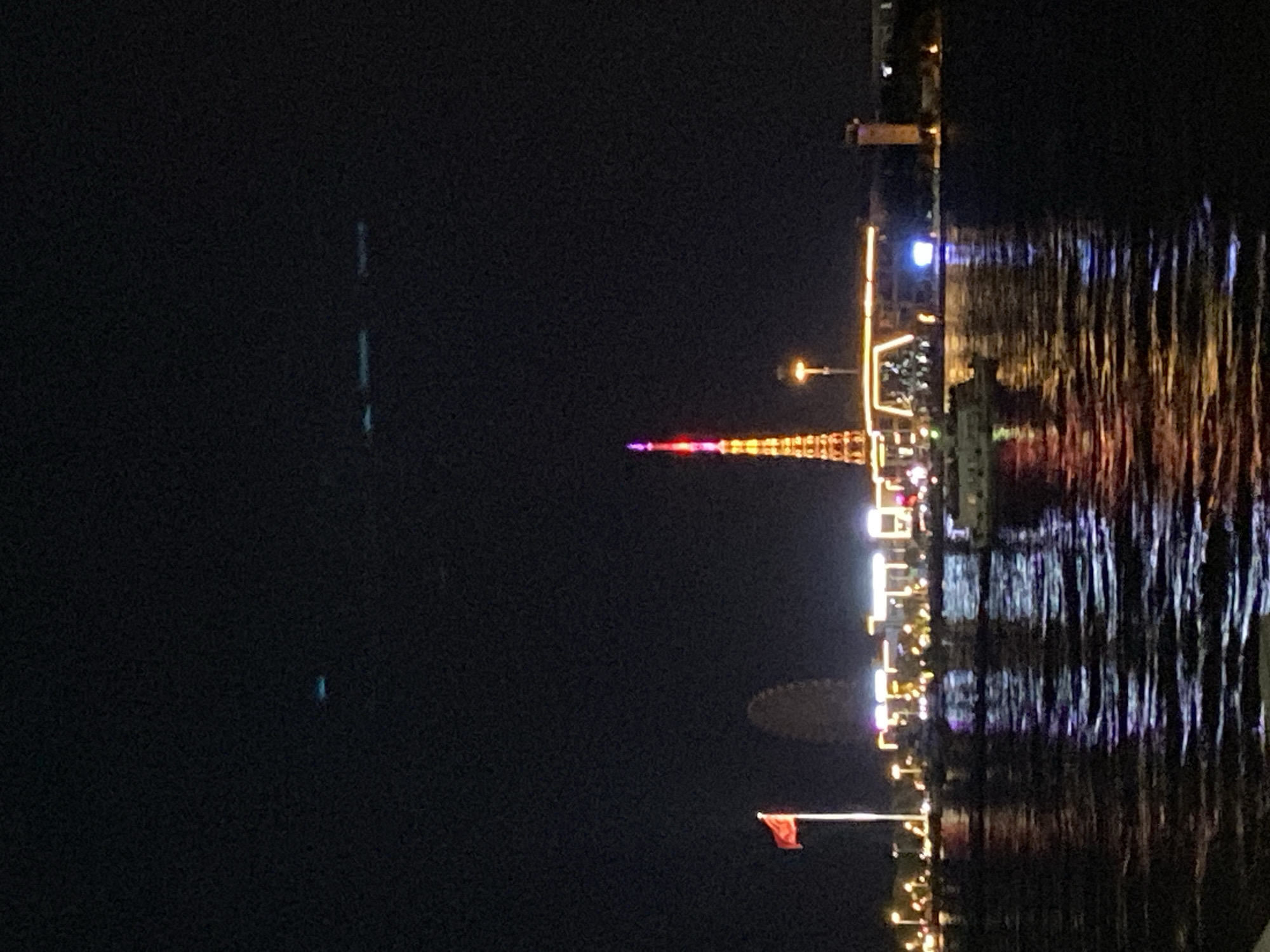 The image depicts a nighttime view of a waterfront with a city skyline illuminated by lights. In the foreground, dark water reflects the lights of the city and a passing boat. The boat, appearing white and passenger-carrying, is positioned in the lower center of the frame, moving from left to right.
The city skyline features a tall, brightly lit tower, possibly a broadcast tower or observation tower, with a red and pink illuminated top. To the left of the tower, a red flag on a pole is visible. Further left, a Ferris wheel is partially obscured by the darkness. Buildings along the waterfront are adorned with numerous lights, outlining their structures. On the right side of the skyline, a lighthouse or similar tall structure stands out.
The overall impression is a vibrant urban waterfront scene at night, with the lights creating a festive and lively atmosphere. The water's surface is textured with ripples and reflections, adding depth to the composition. The dark sky above contrasts with the illuminated cityscape, highlighting the artificial lights of the city. The scene is likely taken from a boat or a position across the water from the city.
Given the context of Blagoveshchensk, Russia, this scene likely captures the Amur River waterfront, with the city lights of Blagoveshchensk on the Russian side and possibly the lights of the Chinese city of Heihe visible across the river. The tower could be a landmark within Blagoveshchensk, and the Ferris wheel and buildings are consistent with a waterfront entertainment or business district. The presence of a boat further reinforces the likelihood of this being a riverfront scene.