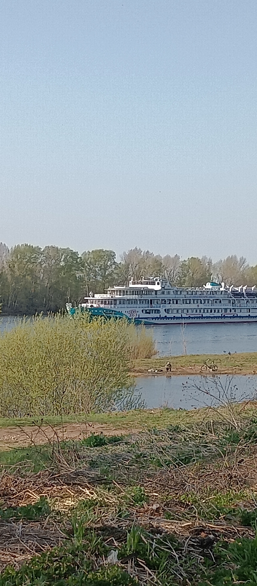 The image depicts a river scene in an area identified as Unknown, Unknown. In the background, a large, multi-decked passenger riverboat is visible on the water. The riverbanks are lined with trees.
Closer to the foreground, there's a smaller body of water separated from the main river by a thin strip of land. On this strip of land, a person is present and a bicycle is parked.
The foreground contains ground cover with grass, dry vegetation, and low-lying bushes. The sky is visible above, appearing clear and bright.