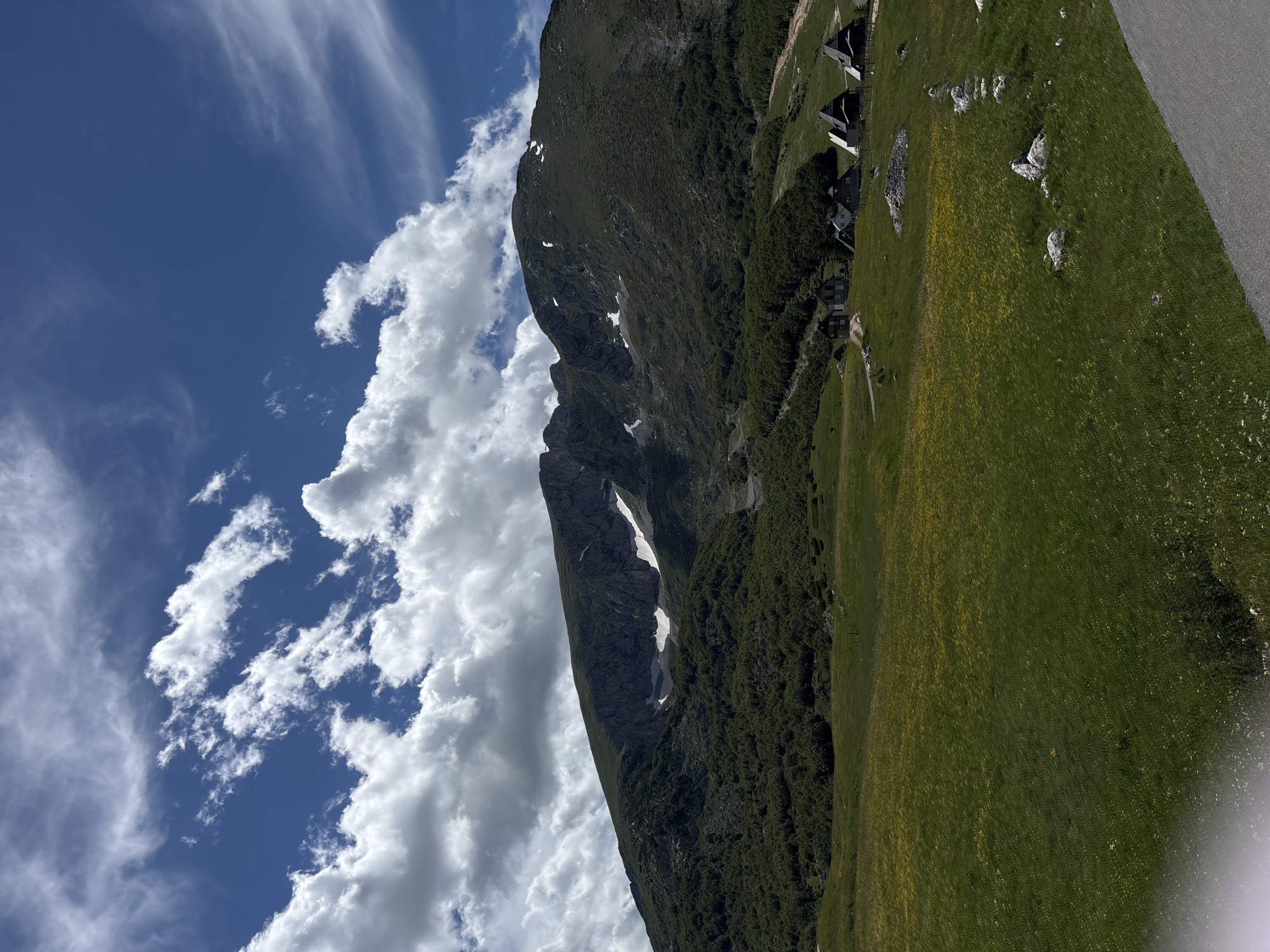 The image depicts a mountainous landscape under a bright blue sky with scattered white clouds. In the foreground, a green meadow is dotted with small yellow flowers, and a paved road runs along the bottom right corner. Further back, a cluster of dark-roofed wooden houses is nestled on a grassy slope. Behind the houses, the mountain slopes rise steeply, covered in dense green forest. Higher up on the mountain, patches of snow are visible, contrasting with the rocky, barren terrain. The scene is likely located in Virak, Montenegro, given the architectural style of the houses and the rugged mountain environment. No people or animals are visible in the image.