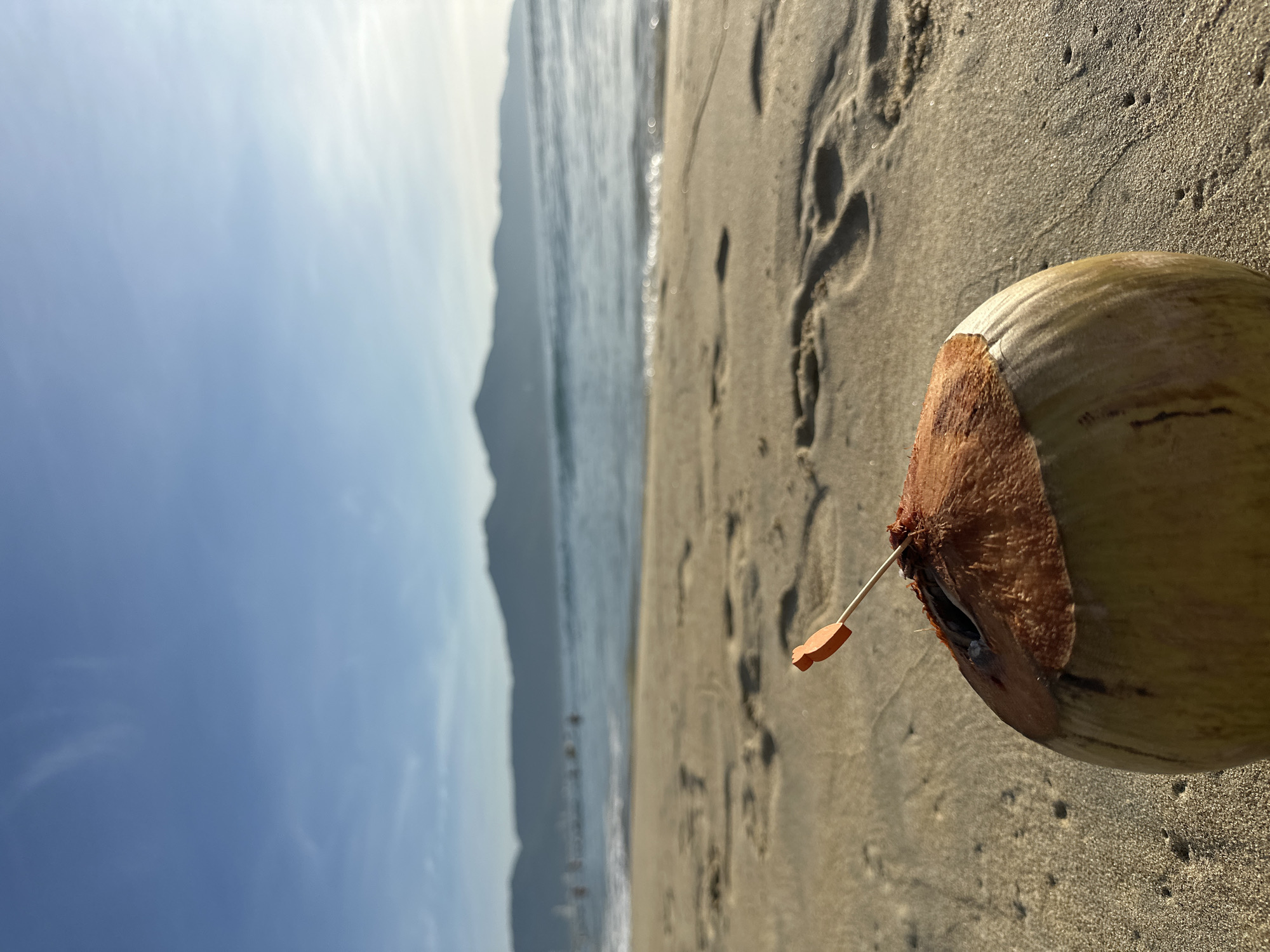 A close-up, low-angle shot captures a whole coconut on a sandy beach, with a small orange decorative pick inserted into its opening. The coconut is positioned in the foreground, its green and brown surface textured by the coarse sand. Beyond the coconut, the gentle waves of the ocean meet the shore, reflecting the bright sunlight. In the background, a hazy outline of mountains forms the horizon under a clear blue sky with a few wispy clouds. The sand is marked with footprints, suggesting recent activity. The scene appears to be on one of Đà Nẵng, Vietnam's popular beaches, likely during daylight hours due to the clear sky and sun.