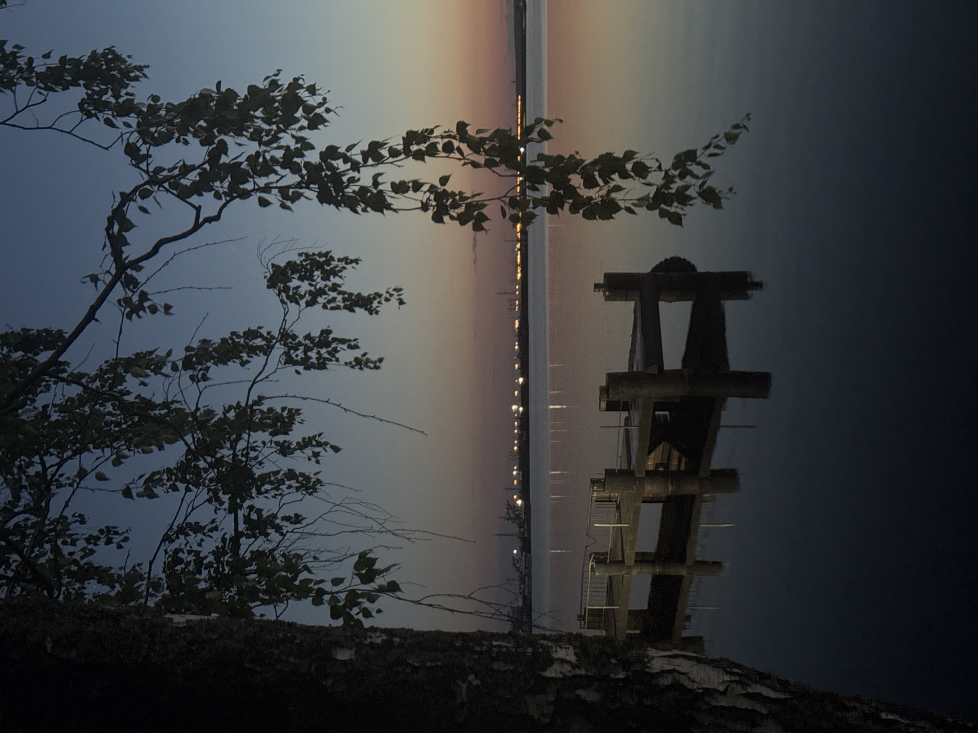 The image captures a twilight scene in Chaikovsky, Russia, along a calm body of water. A dark, textured tree trunk with visible light markings runs vertically along the left edge of the frame. From the upper left and top of the frame, several branches with green leaves hang downwards, silhouetted against the sky, with their reflections visible in the water. A wooden pier or dock structure, consisting of a flat platform, multiple support pillars, and metal railings, extends from the left bank into the water. The placid water surface creates clear reflections of the pier, the hanging branches, the sky, and the distant horizon. Across the water, in the background, a horizontal line of bright, artificial lights indicates a distant industrial or urban area, with faint outlines of structures visible behind them. The sky transitions from a deep blue at the top to lighter hues of pink and orange near the horizon line. No individuals are present in the scene.