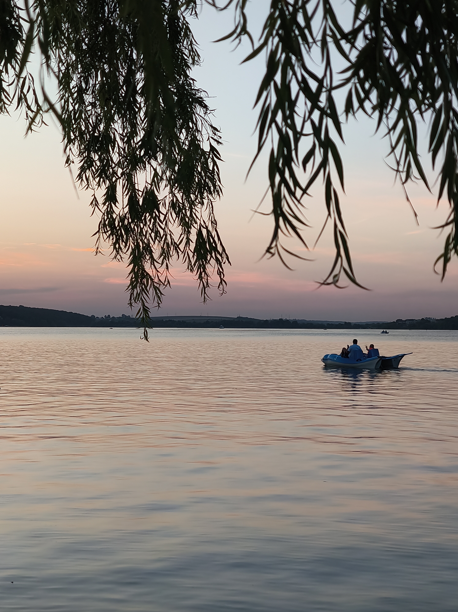 The image depicts a tranquil lake scene at dusk, likely within the city of Ternopil, Ukraine, possibly at the Ternopil Reservoir, also known as Ternopil Lake. In the foreground, the drooping branches of a willow tree frame the upper portion of the image. The lake's surface is calm, reflecting the soft hues of the twilight sky, which transitions from pale blue at the top to warm pinks and oranges near the horizon. A distant, tree-lined shore forms a gentle curve across the background.
In the mid-ground, a small blue pedal boat is visible, carrying two individuals. One person appears to be pedaling, while the other is seated beside them. The boat is moving from left to right across the frame. Further in the distance, other small boats can be seen on the water, and faint structures dot the shoreline. The overall atmosphere is peaceful and serene, characteristic of a quiet evening by the water.