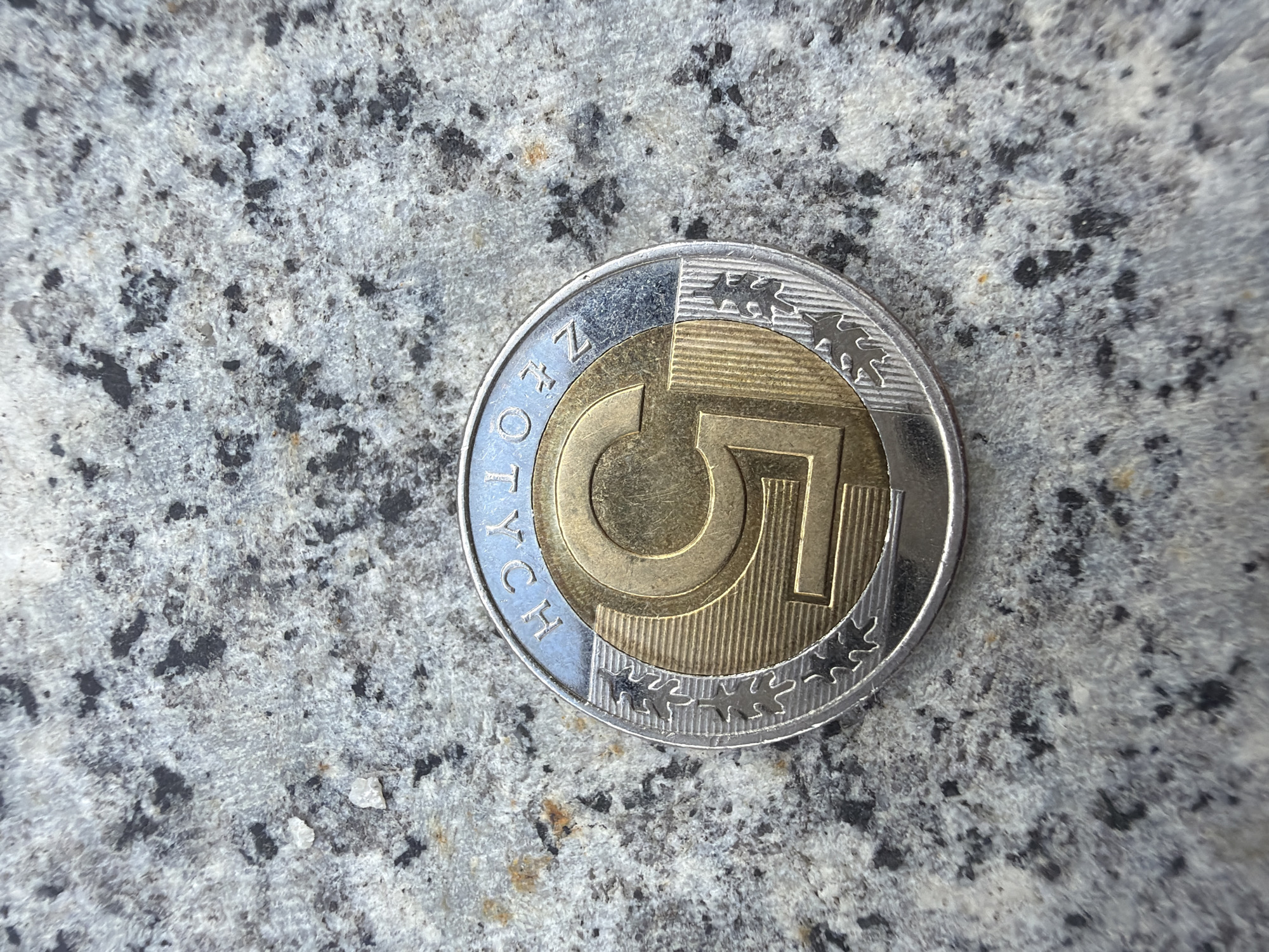 A Polish 5 Złotych bi-metallic coin rests on a textured stone surface. The coin features a gold-toned central core with a prominent stylized numeral "5" in relief, characterized by horizontal striations on its lower right segment. Encircling the core is a silver-toned outer ring displaying the word "ZŁOTYCH" in capital letters along the top arc, oriented inversely to the numeral. Decorative elements, appearing as stylized foliage or abstract patterns, are embossed on the outer ring to the left and right sides. The coin shows minor surface wear consistent with handling. The underlying surface is a rough, granular material, consistent with granite or a similar igneous rock, exhibiting a mottled grey and white pattern interspersed with irregular black mineral inclusions and scattered small reddish-brown or yellowish specks. The surface texture is uneven, displaying visible crystalline structures and small depressions. The lighting appears natural and overhead, casting subtle shadows that highlight the coin's relief and the stone's texture. The scene is located in the city of Męcina, Poland.