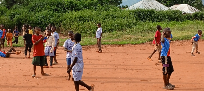 The image displays an outdoor scene in Ngalula, Democratic Republic of the Congo, populated by approximately 15-20 young males, primarily children and adolescents. The ground surface is predominantly reddish-brown dirt, appearing dry and compacted. In the background, dense green foliage, comprising bushes and possibly trees, spans the width of the frame, with a strip of lighter green grass visible immediately behind the dirt ground. Two structures with light-colored, possibly corrugated metal, conical or domed roofs are partially discernible in the far background, situated amongst the vegetation.
Individuals are dispersed across the dirt area. In the central mid-ground, a child wearing a red t-shirt and dark green shorts stands facing partially left, accompanied by another child in a light-colored long-sleeve shirt and light shorts. To the right in the foreground, a child wears a blue and red t-shirt, dark shorts, and dark sandals, looking towards the left. On the far left, a child is observed lying on his back on the ground, with legs bent. Several children wear sports-style shirts; one child in the foreground has a light grey shirt with a "Real Madrid" logo. Footwear varies, with some individuals wearing sandals or flip-flops, and others appearing barefoot. The overall activity involves standing, walking, and casual interaction. The scene is illuminated by natural daylight.