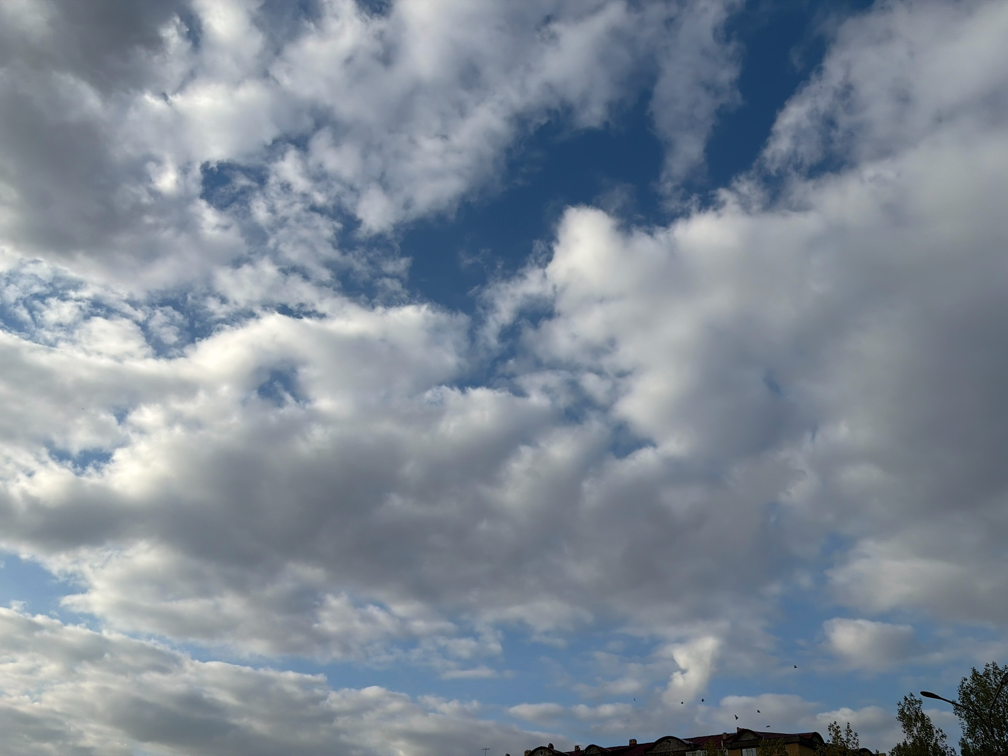 This is a photograph taken from a low angle, looking up at a cloudy sky. The sky is a mixture of blue patches and dense white and gray clouds. In the lower portion of the image, the rooftops of buildings and some trees are visible, suggesting an urban or suburban setting. The scene appears to be outdoors. The context provided indicates this is likely a view from Astana, Kazakhstan.