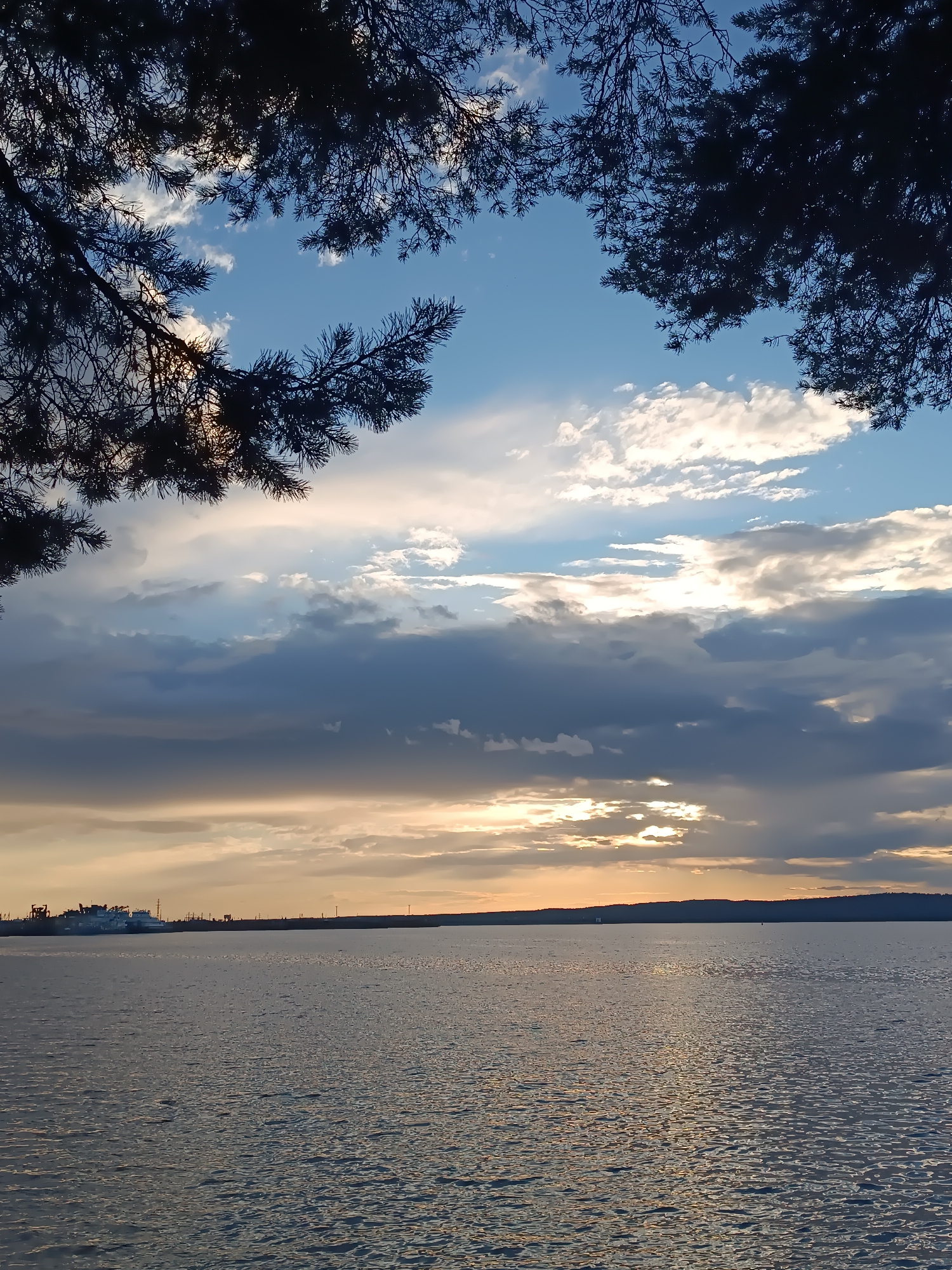 The image depicts a serene waterscape, likely a reservoir or large lake, with the sun setting or rising on the horizon. The sky is a dramatic blend of blues, grays, and soft oranges, with scattered clouds. Silhouetted branches of a coniferous tree frame the top of the scene, adding a natural foreground element.
In the distance, along the far shore, industrial structures and a ship are visible, suggesting a port or industrial area. The water itself is calm, with gentle ripples reflecting the soft light from the sky. The overall mood is peaceful and contemplative, characterized by the muted colors and the vast expanse of water and sky. The time of day is clearly either dawn or dusk, given the low angle of the sun and the atmospheric lighting. The location appears to be a natural setting near an industrial zone, possibly along the Kama River near Chaikovsky, Russia, as hinted by the industrial elements and the expansive water body. There is no visible text in the image.