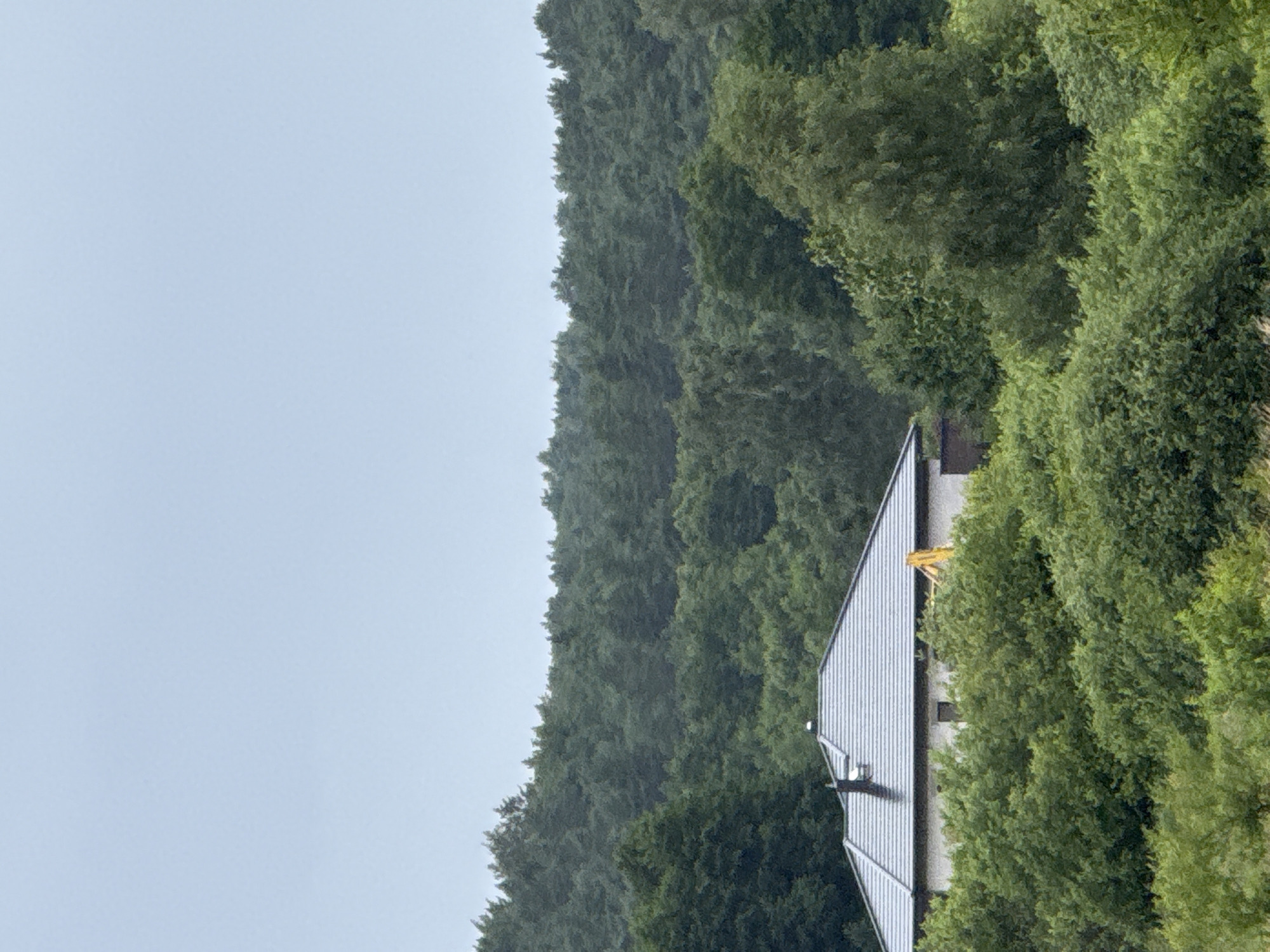 The image shows a house partially obscured by dense green foliage in the foreground and midground. The house has a dark-tiled roof and light-colored walls, with a chimney visible on the left side. A yellow construction vehicle is partially visible behind the house. In the background, a dense forest of dark green trees stretches across the horizon under a pale, overcast sky. The scene appears to be set in a rural or semi-rural area. The location is identified as Kołczewo, Poland. There are no people or animals visible in the image.