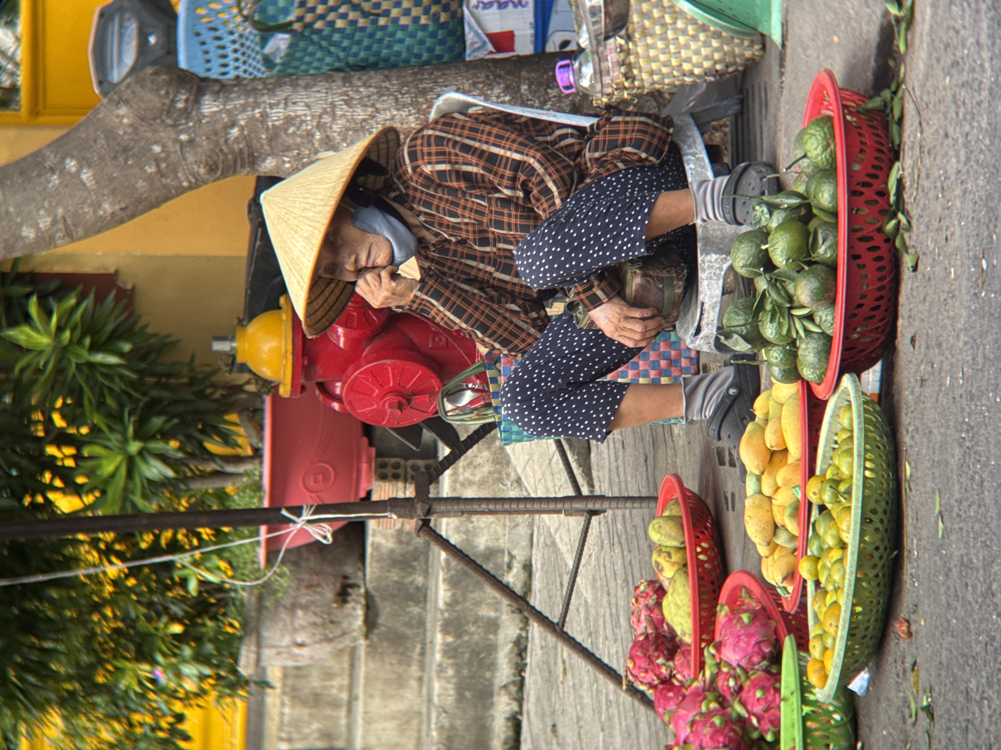 A woman wearing a conical hat, a plaid shirt, and polka dot pants sits on a stool next to a fruit stall in Nha Trang, Vietnam. She is wearing a blue mask and has her hand on her chin. In front of her, several baskets of fruit are displayed, including dragon fruit, mangoes, and small green citrus fruits. In the background, a red fire hydrant, a tree, and woven baskets are visible. The scene appears to be a street market setting.