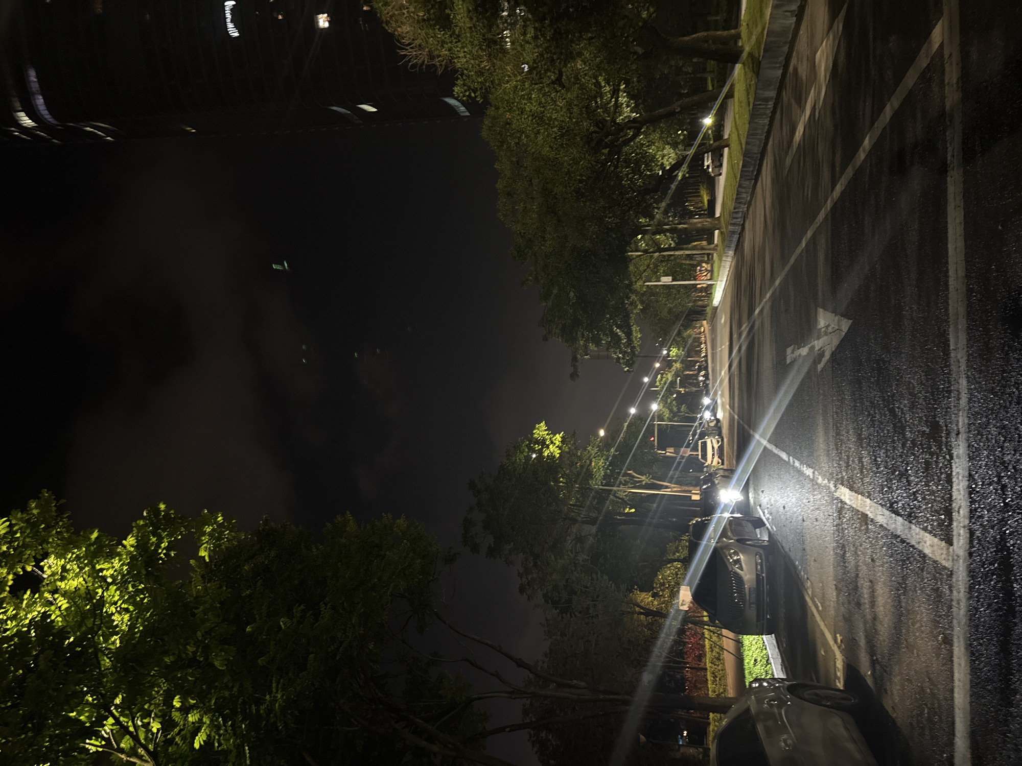 This is a nighttime photograph taken in Haizhu District, China. The scene depicts a parking lot adjacent to a street lined with trees and streetlights. The ground is wet, suggesting recent rain, and the lighting creates reflections on the asphalt. Several cars are parked in the lot, and one car is in motion, its headlights illuminated. The background shows trees with green foliage, some of which are brightly lit by artificial lights, creating a dramatic contrast with the dark sky. In the distance, a tall building with illuminated windows is visible. The overall mood is calm and slightly atmospheric due to the nighttime setting and the reflections on the wet pavement. There are no visible people in the image.