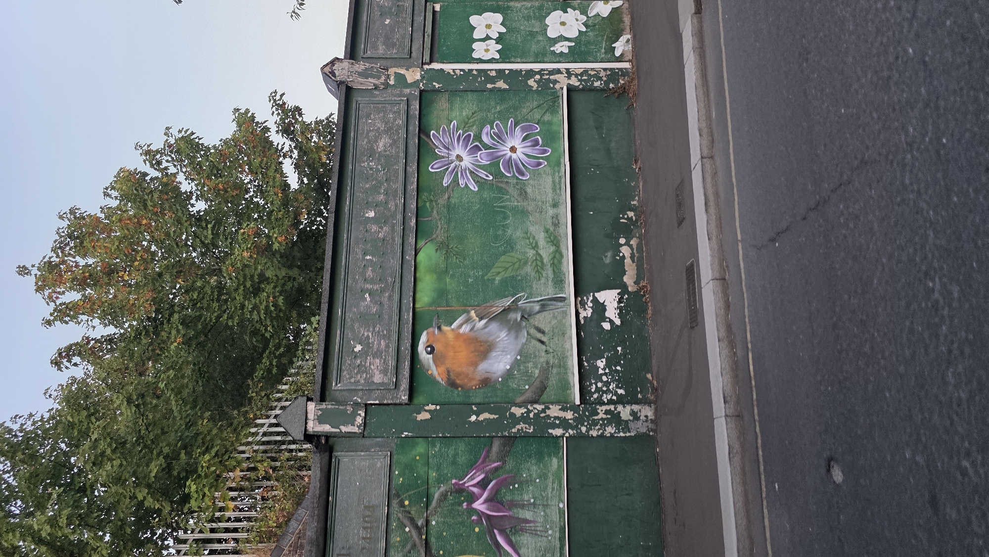 This is a photograph of a mural painted on a green, weathered wall along a street in Rother, United Kingdom. The mural depicts a robin perched on a branch in the center, with purple flowers on either side. To the left, there are pink, bell-shaped flowers. To the right, there are clusters of white flowers. The wall itself is old and peeling, with visible signs of wear and tear. In the background, trees with green and orange foliage are visible, with a metal fence running along the top of the wall. The street in the foreground is asphalt, with a grey concrete curb and a yellow line marking the edge of the road. A drain cover is visible in the sidewalk. The sky is clear and a light blue.
